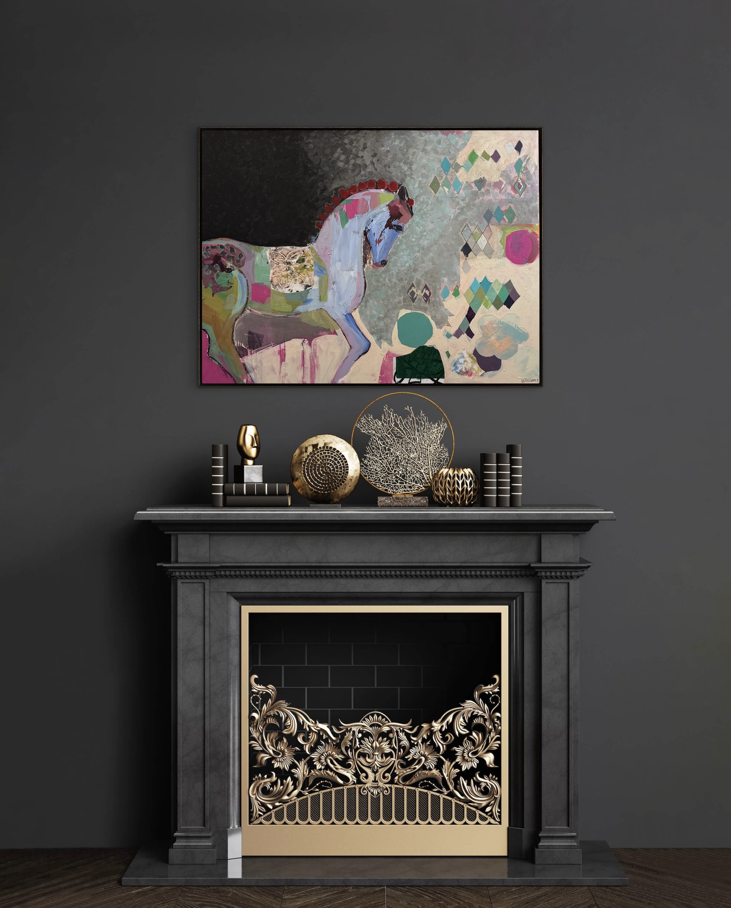 Between Steps, original contemporary painting featuring a white horse in motion against layered geometric patterns and a blue-toned background.