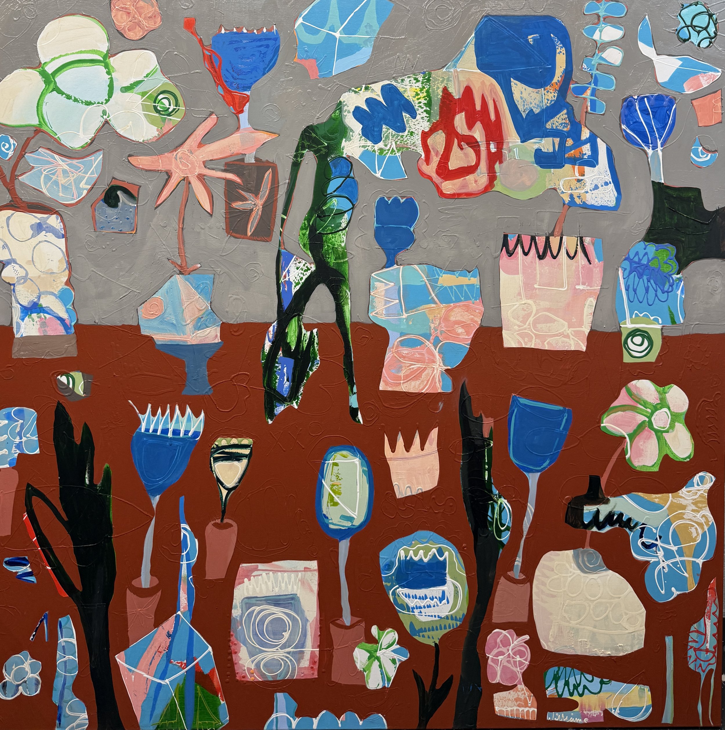 Abstract mixed-media painting with layered blue, pink, green, and white shapes over a divided gray and rust-red background, featuring gestural marks and collage-like forms.