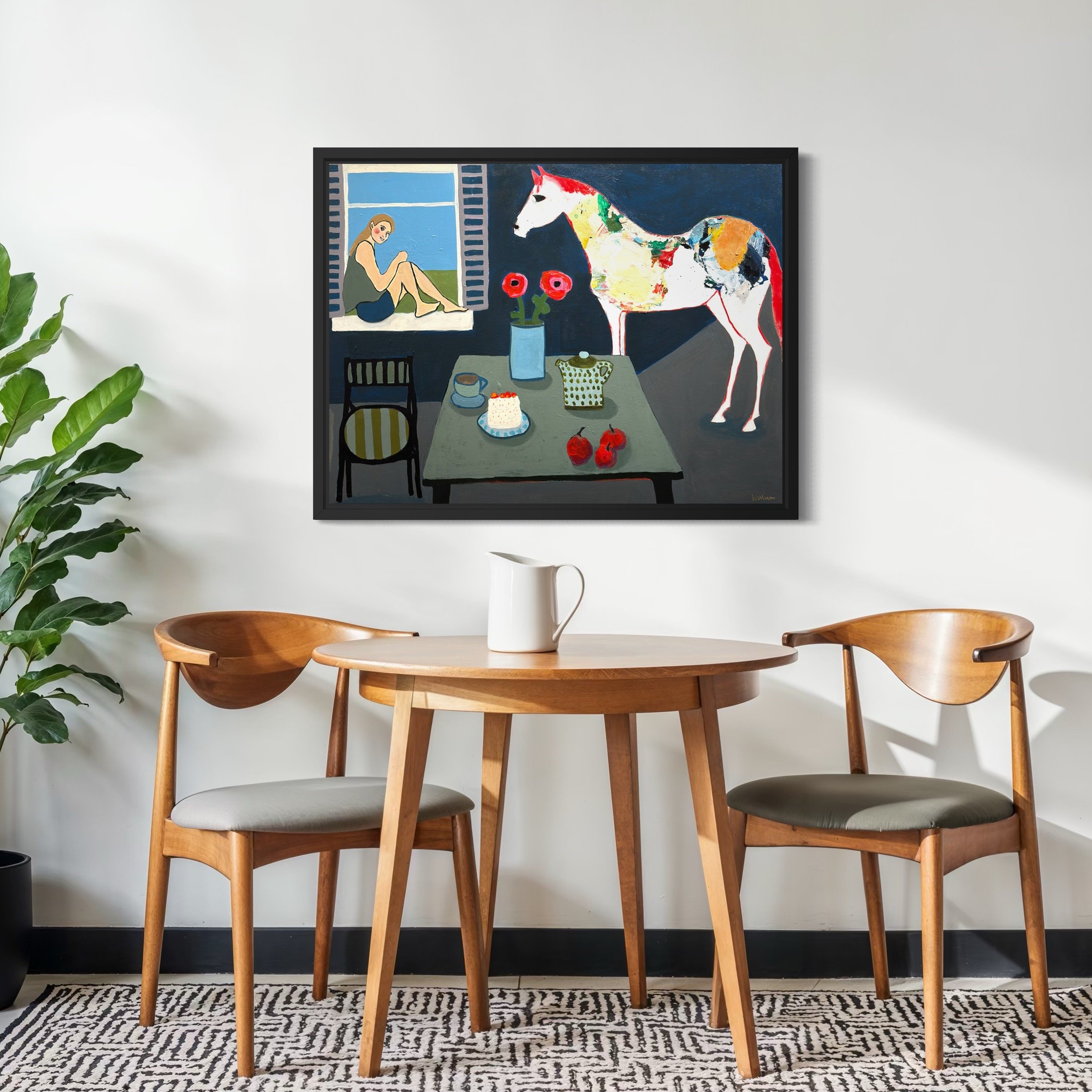 Not About the Cake, original contemporary still life painting featuring a table setting with cake, flowers, fruit, and a white horse positioned beside the table in an interior space.
