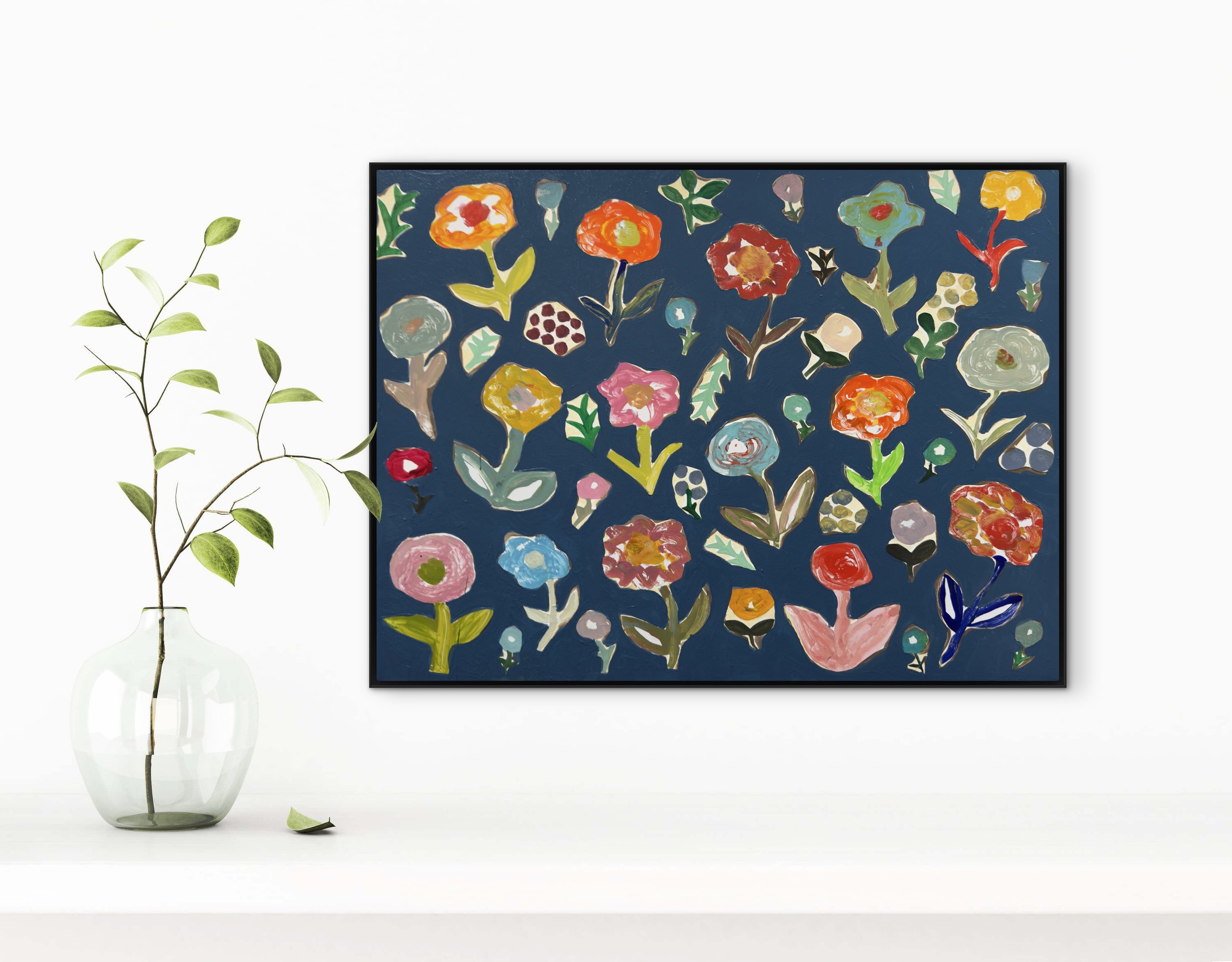 Before the Arrangement, original contemporary painting featuring scattered flowers and botanical forms across a blue surface, suggesting a floral worktable before flowers are arranged.