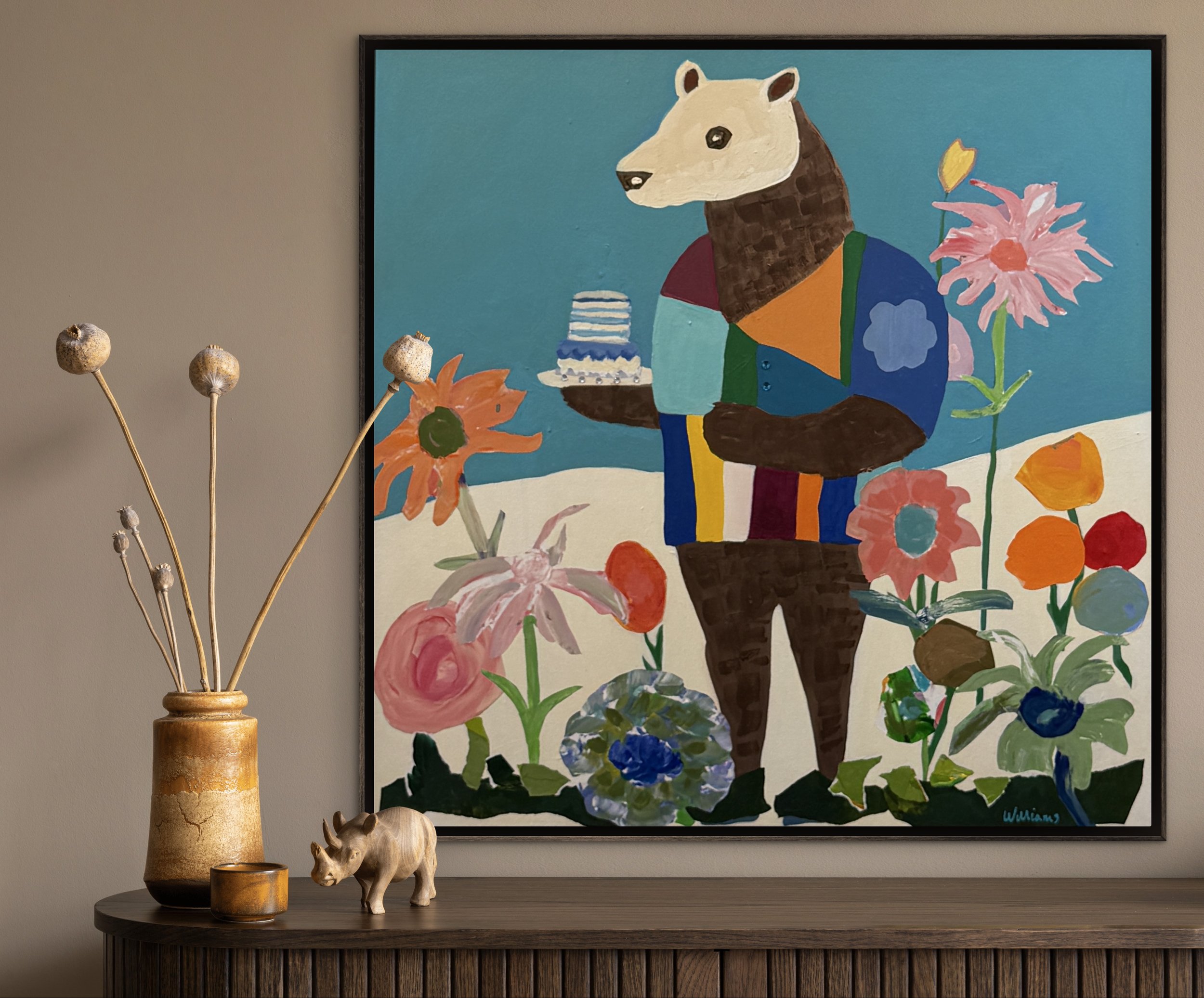 Bearer of Sweets, original contemporary painting featuring a bear holding a small cake with candles, surrounded by flowers and patterned color fields.