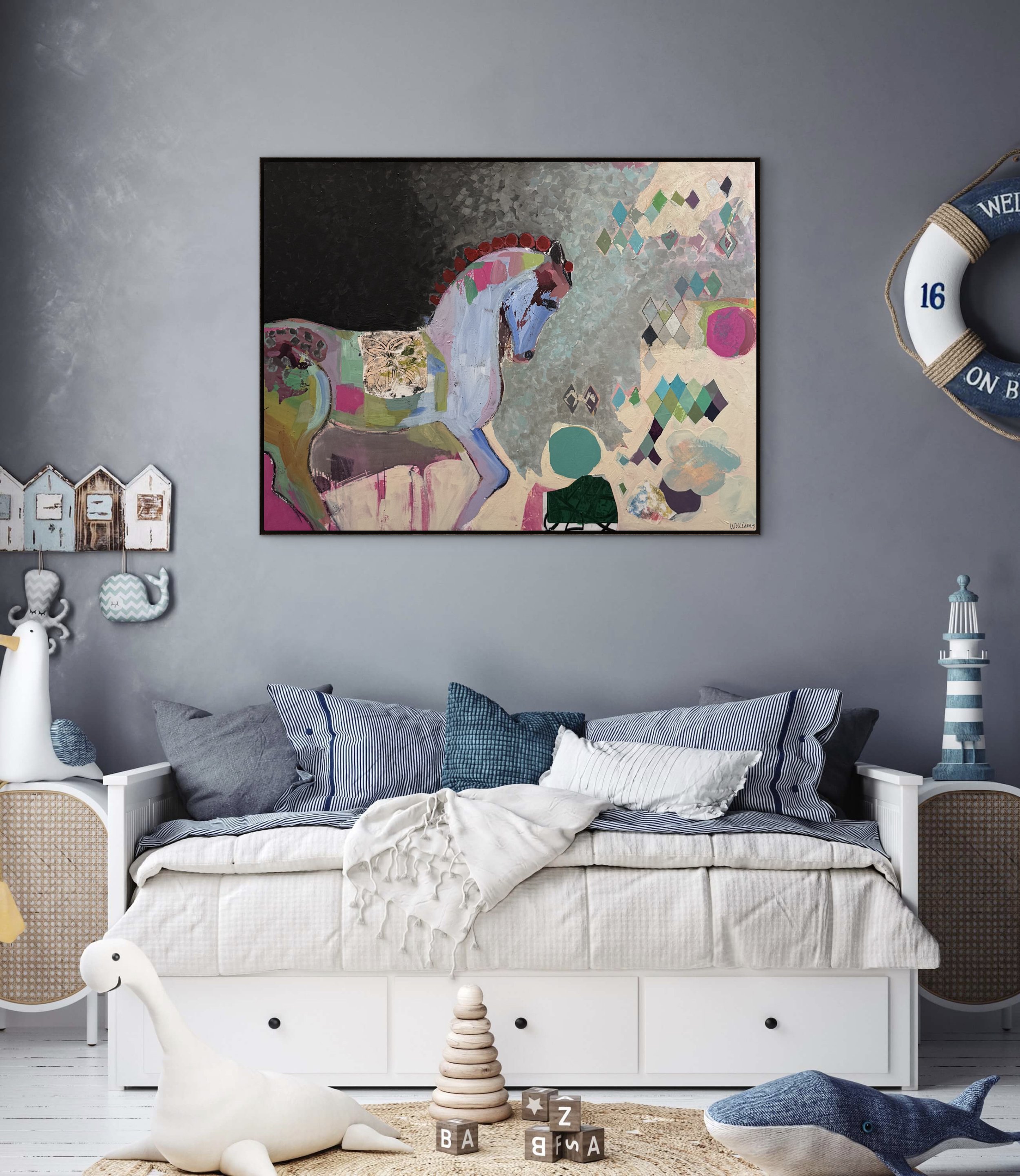 Between Steps, original contemporary painting featuring a white horse in motion against layered geometric patterns and a blue-toned background.