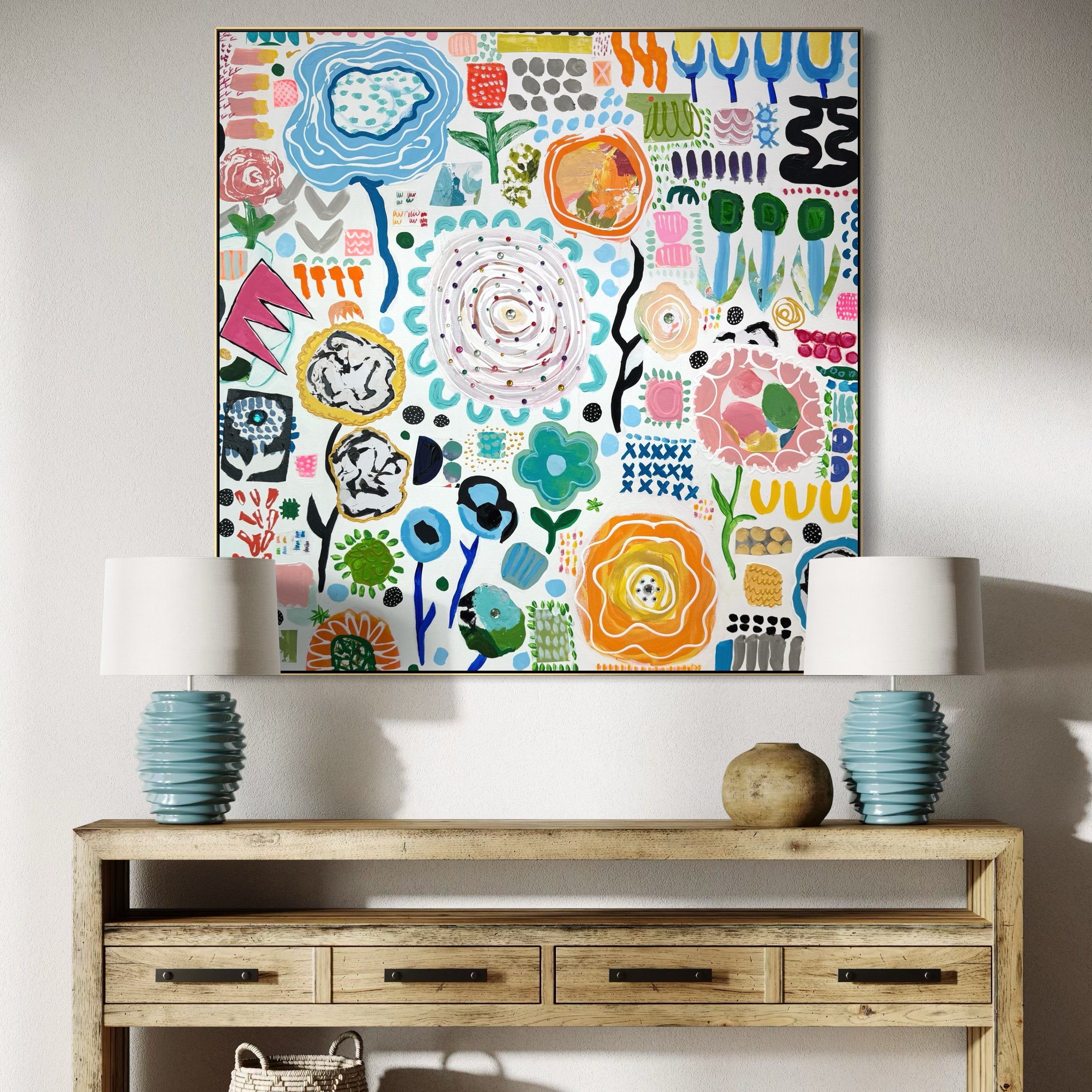 Detail showing organic shapes, floral imagery, and mixed-media textures in “Instructions for a Beautiful Day.”