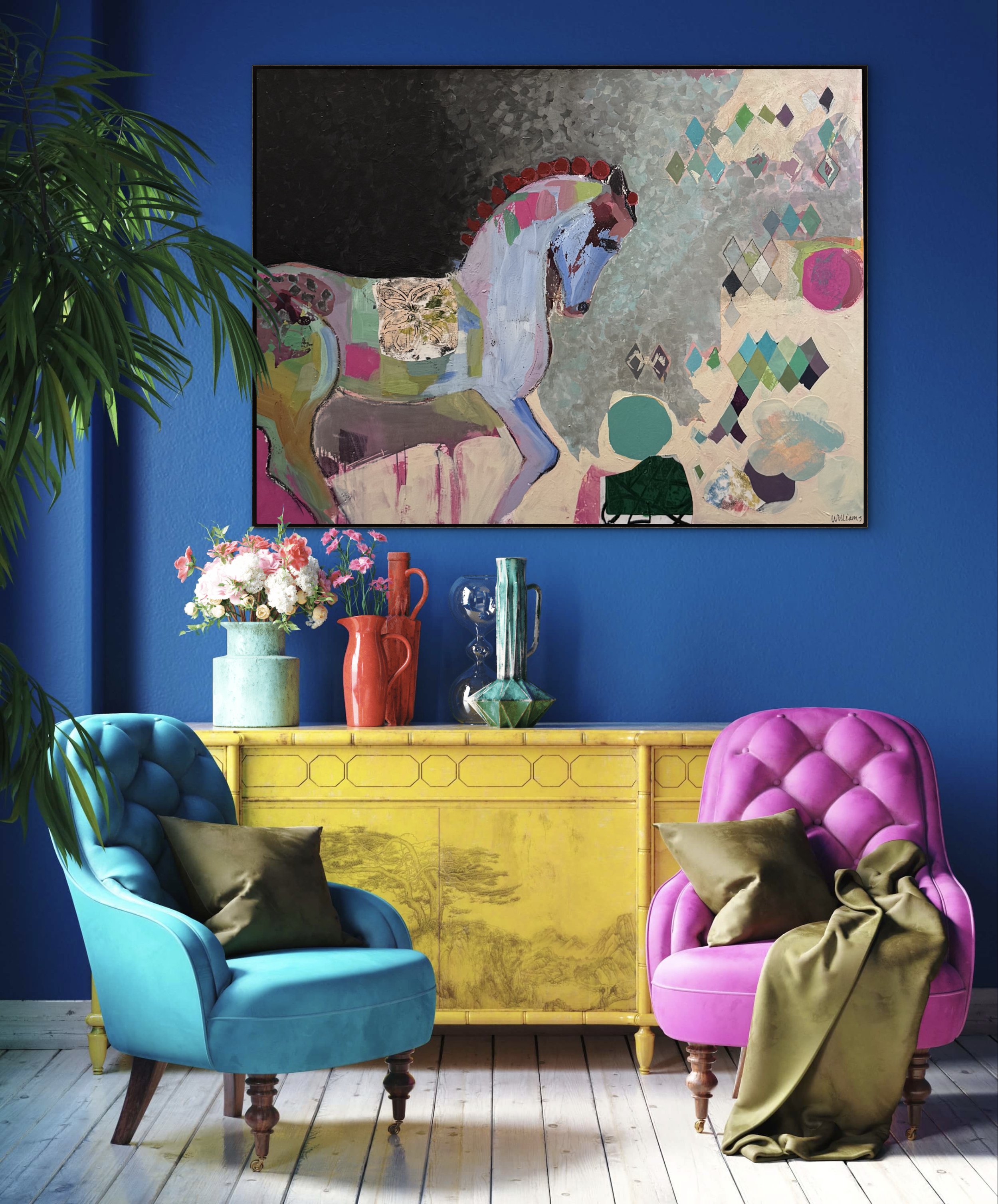 Between Steps, original contemporary painting featuring a white horse in motion against layered geometric patterns and a blue-toned background.