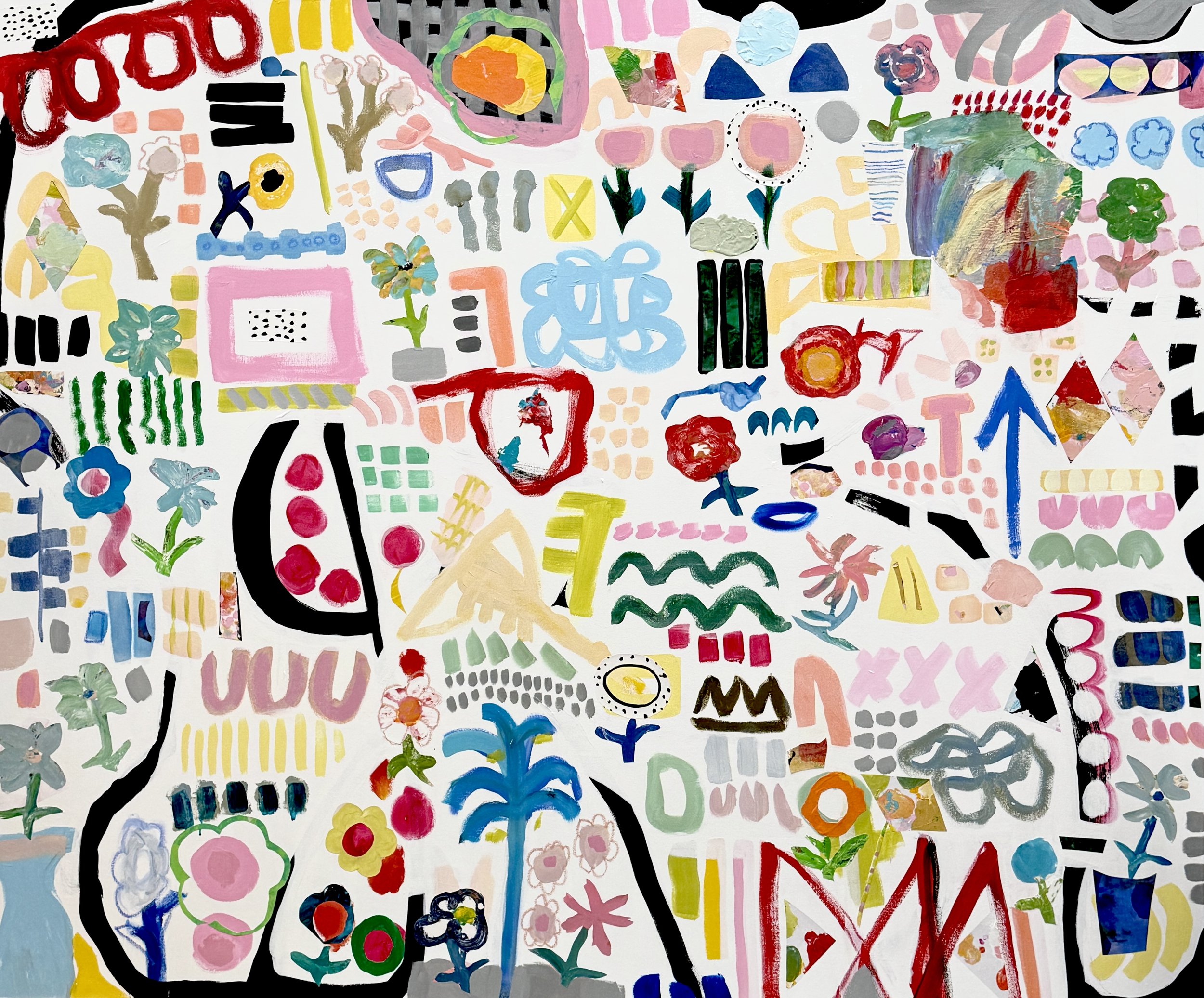 The Whole Conversation, a colorful abstract mixed-media painting by Elizabeth Williams with hand-drawn shapes, patterns, and botanical forms.