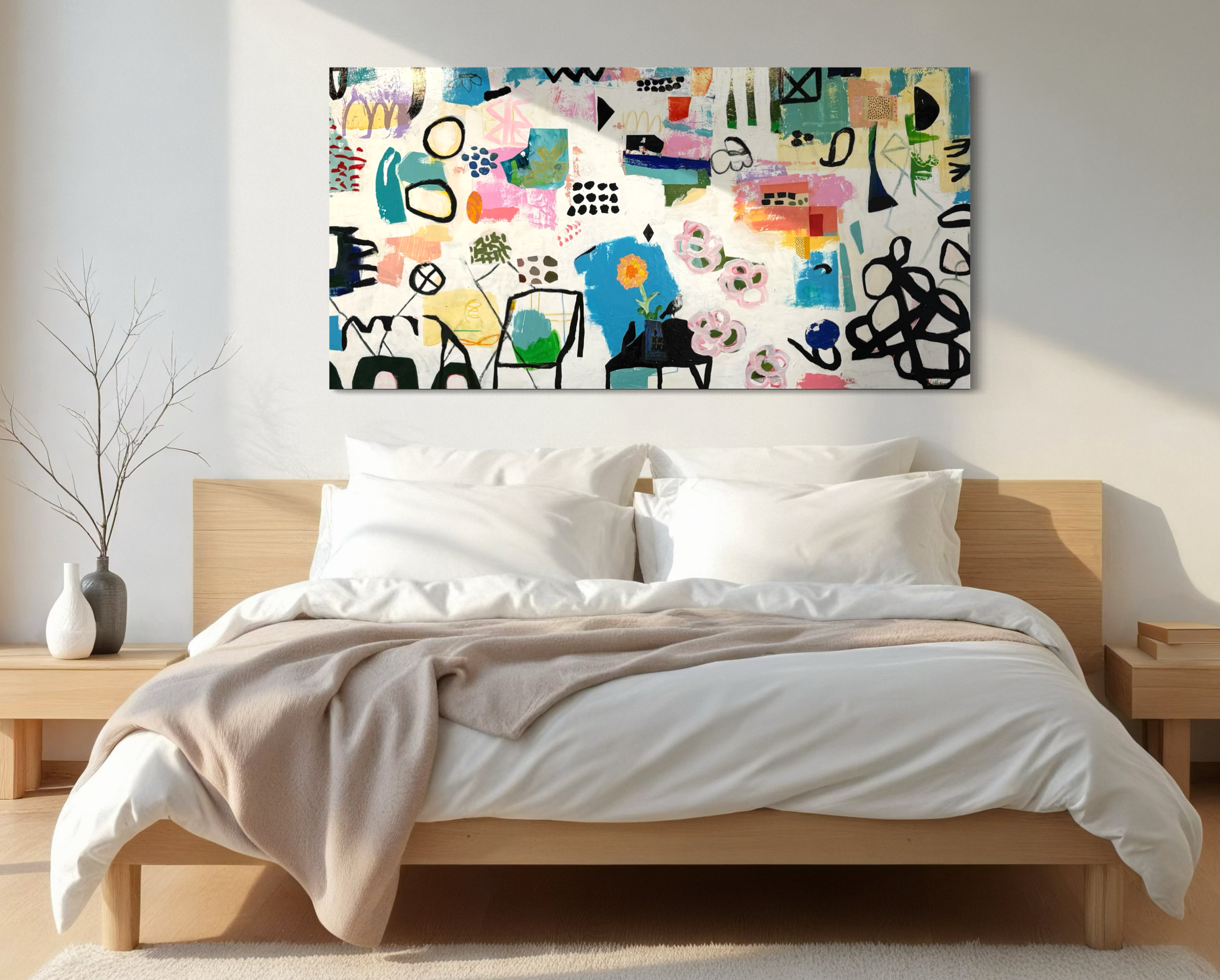 Skipping Through Saturday Light displayed above a light wood bed in a bright neutral bedroom.