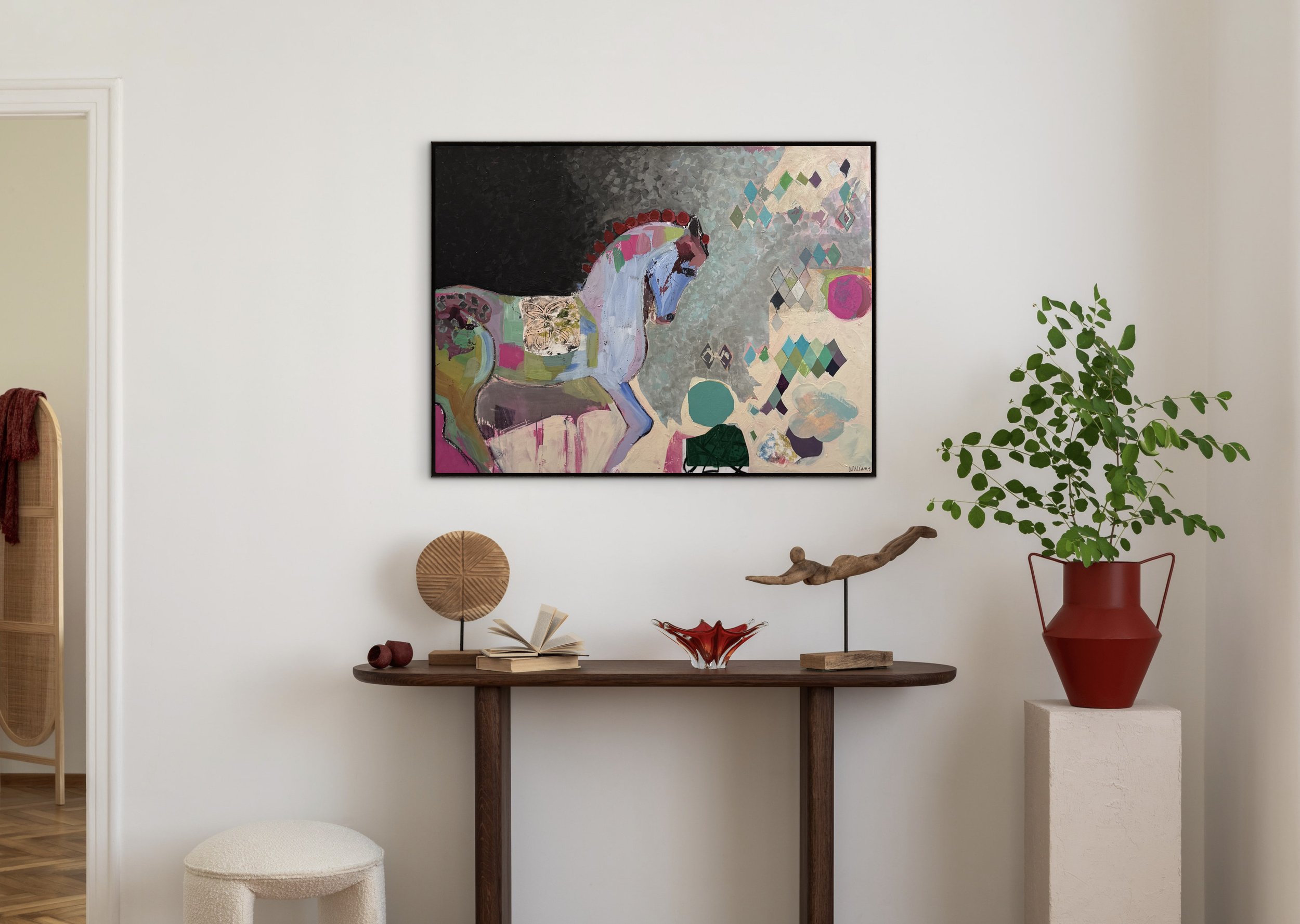 Between Steps, original contemporary painting featuring a white horse in motion against layered geometric patterns and a blue-toned background.