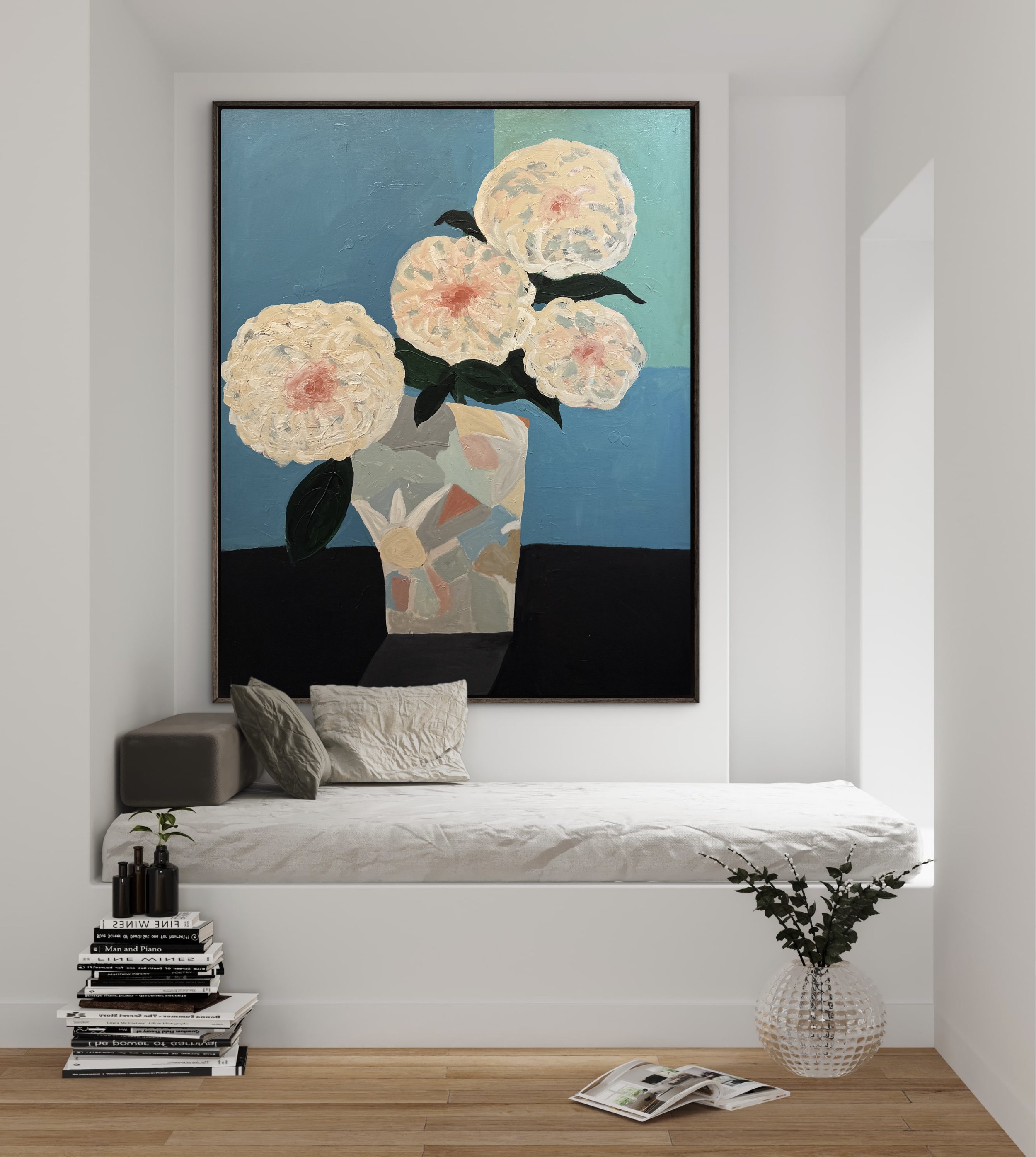 Milkglass Bloom, 60 x 48 inch original contemporary still life painting of white flowers arranged in a milkglass vase on a dark table against a soft blue background.