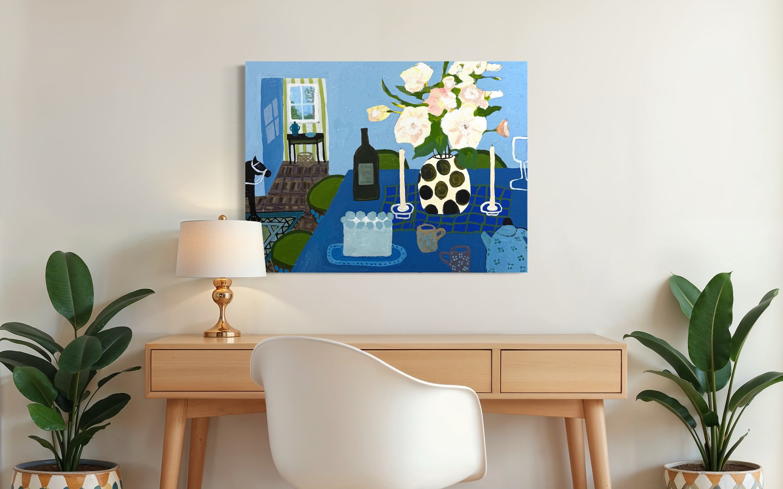 Before the Cake, original contemporary still life painting featuring a blue table setting with candles, flowers, a wine bottle, and an open doorway.