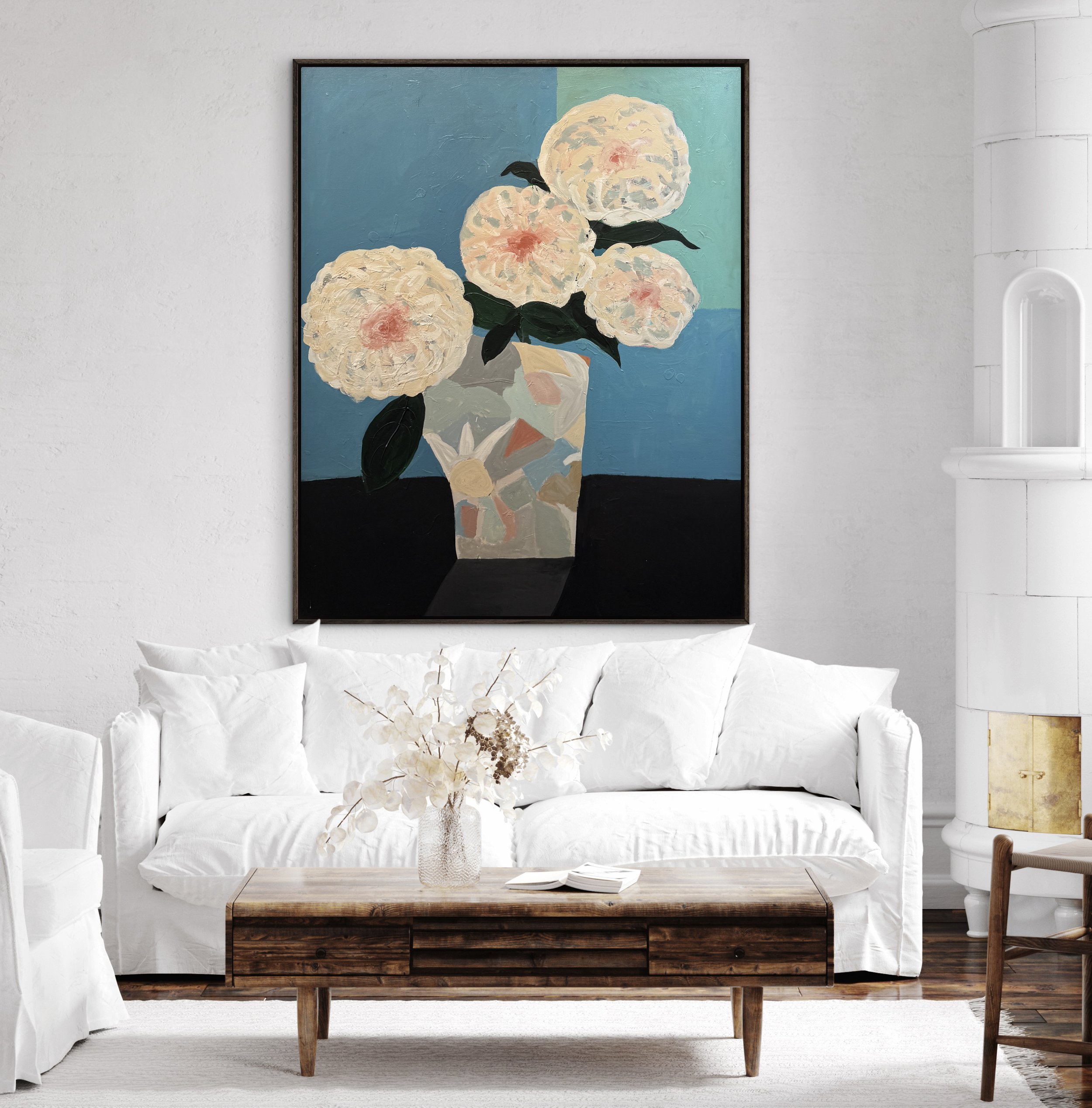 Milkglass Bloom, 60 x 48 inch original contemporary still life painting of white flowers arranged in a milkglass vase on a dark table against a soft blue background.