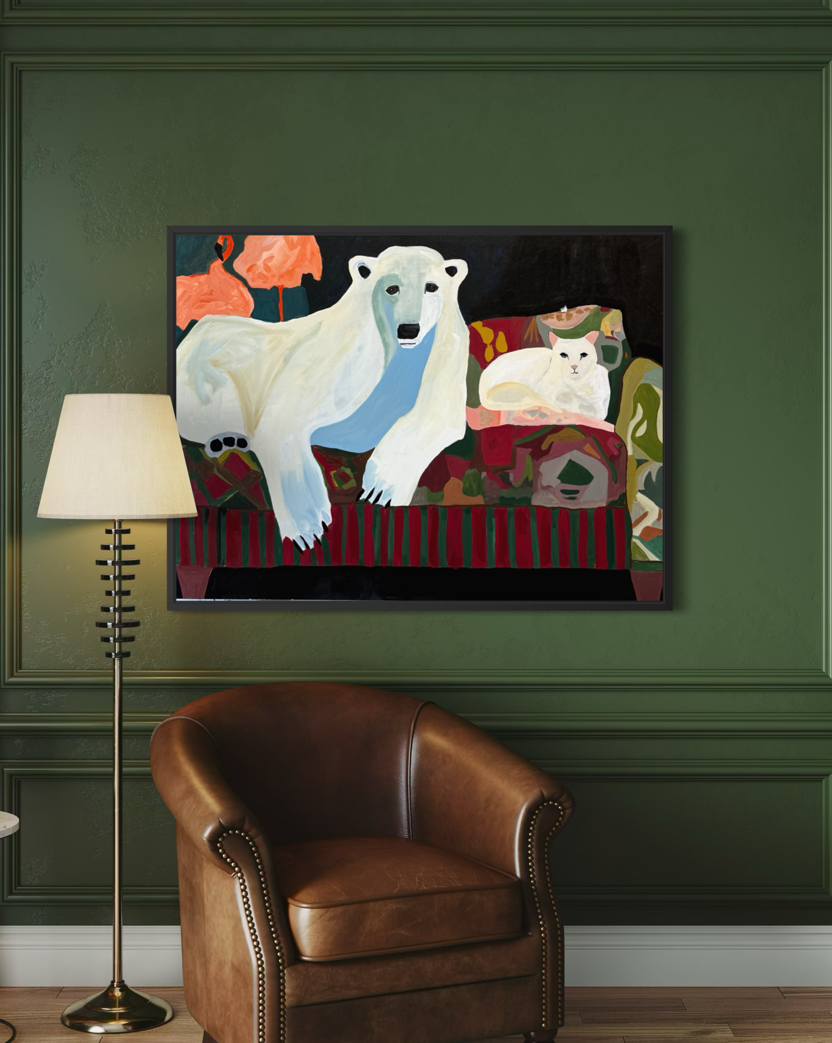 The House on Flamingo Lane displayed above a brown leather chair against a deep green wall.