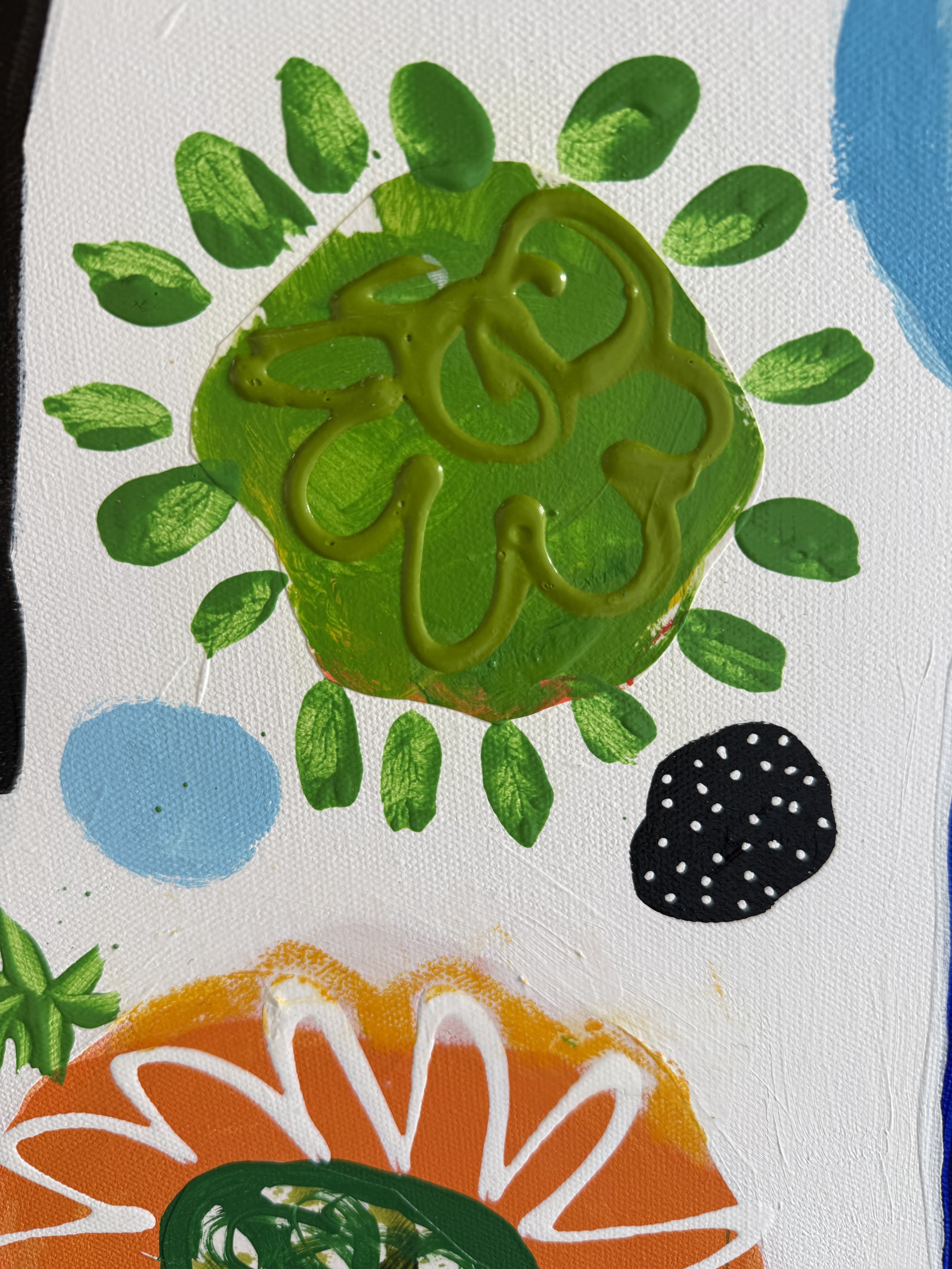 Textural close-up highlighting layered paint and mixed-media elements in “Instructions for a Beautiful Day.”