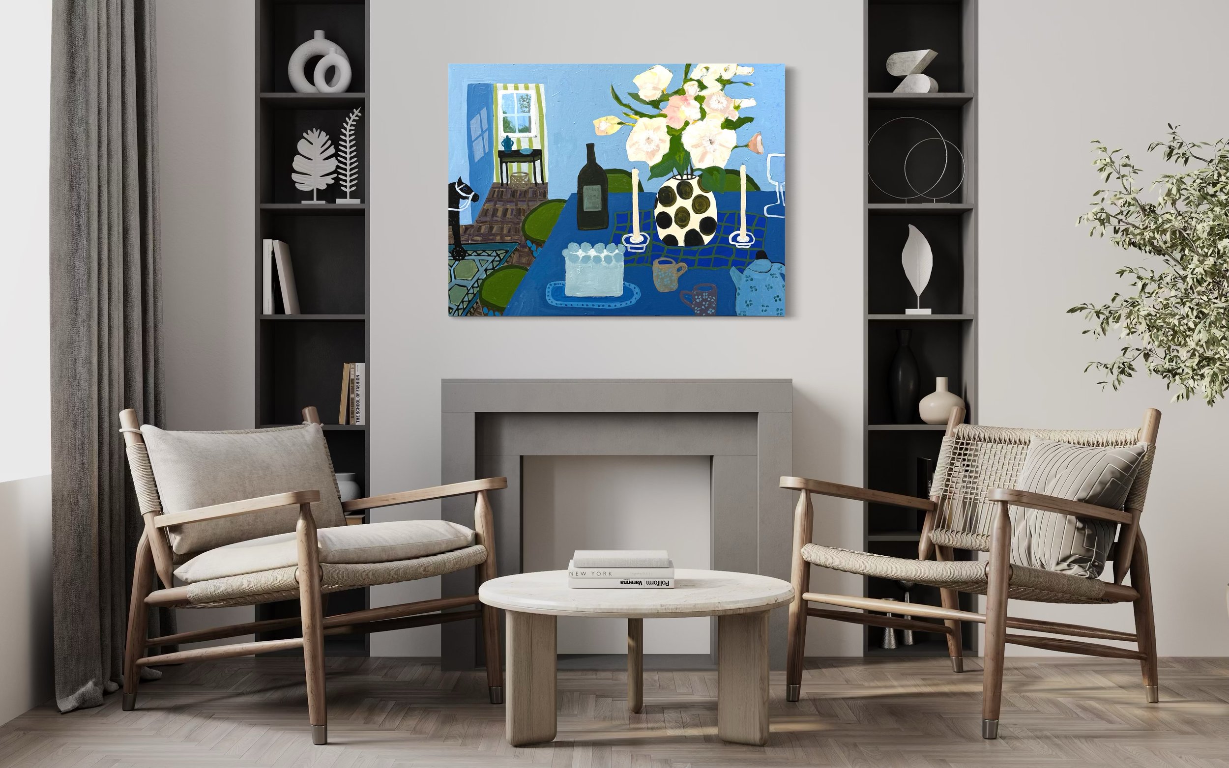 Before the Cake, original contemporary still life painting featuring a blue table setting with candles, flowers, a wine bottle, and an open doorway.