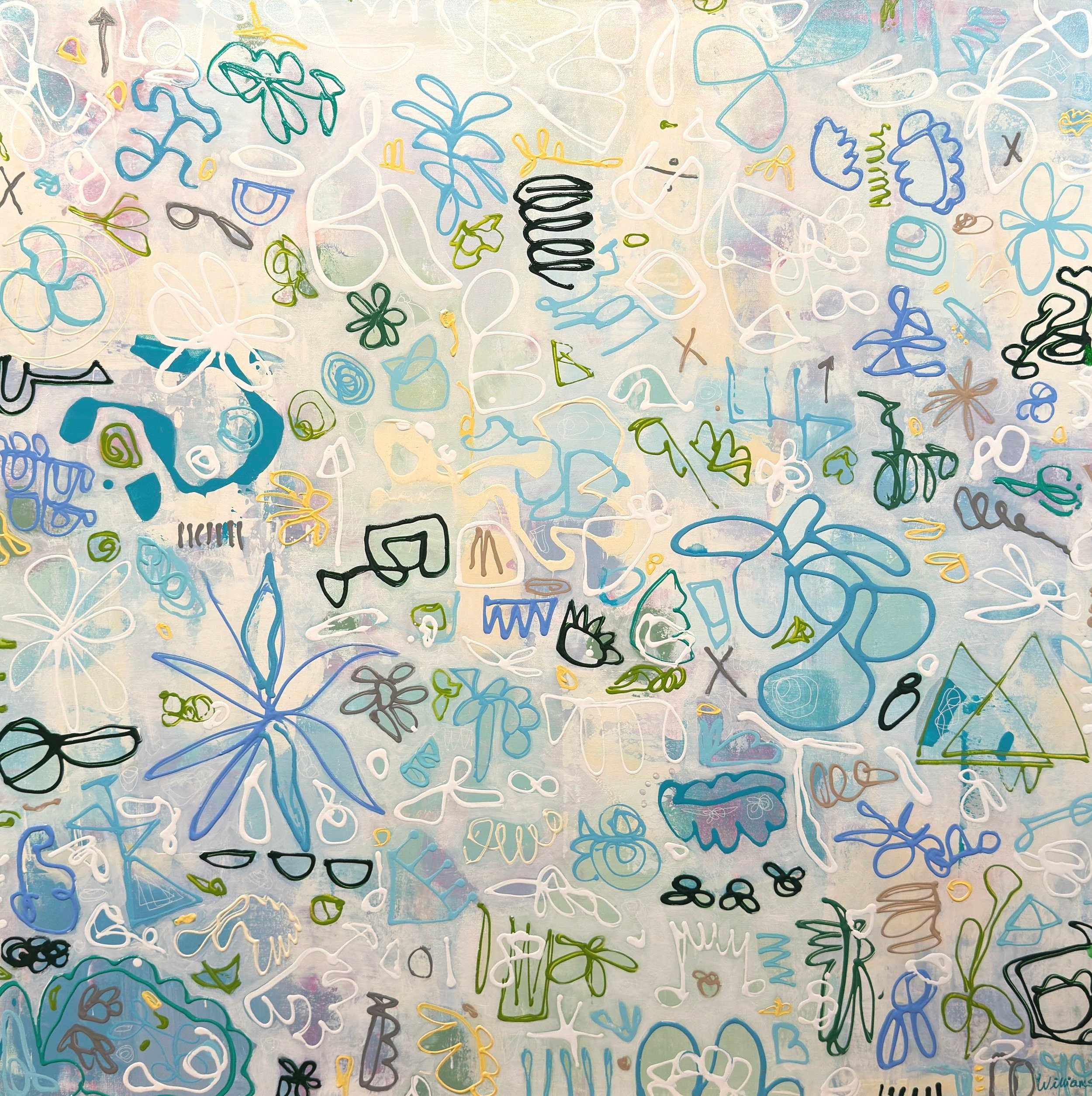 Never Ending List, an abstract mixed-media painting by Elizabeth Williams with layered teal, blue, black, yellow, pink, and white linework, patterns, and small gestural forms.