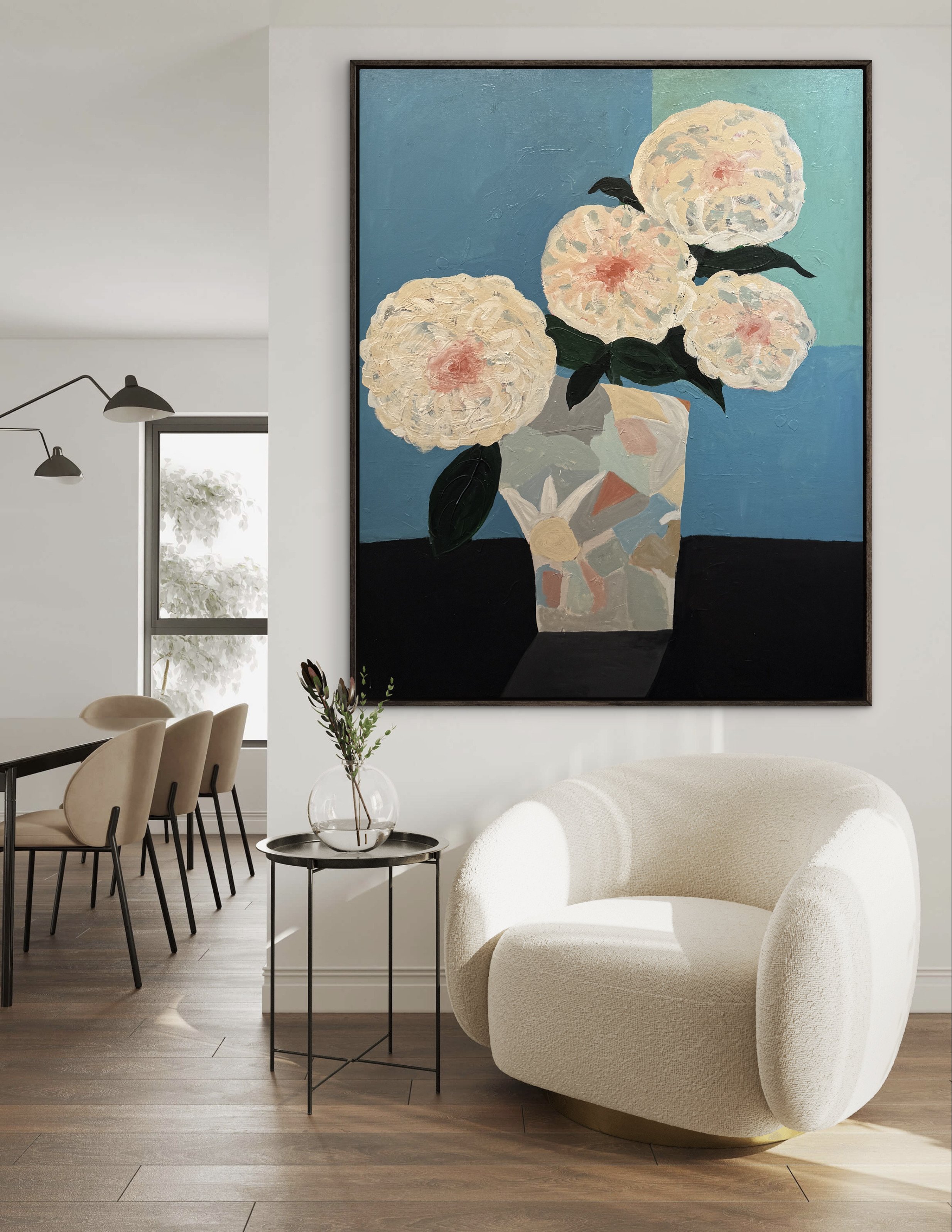 Milkglass Bloom, 60 x 48 inch original contemporary still life painting of white flowers arranged in a milkglass vase on a dark table against a soft blue background.