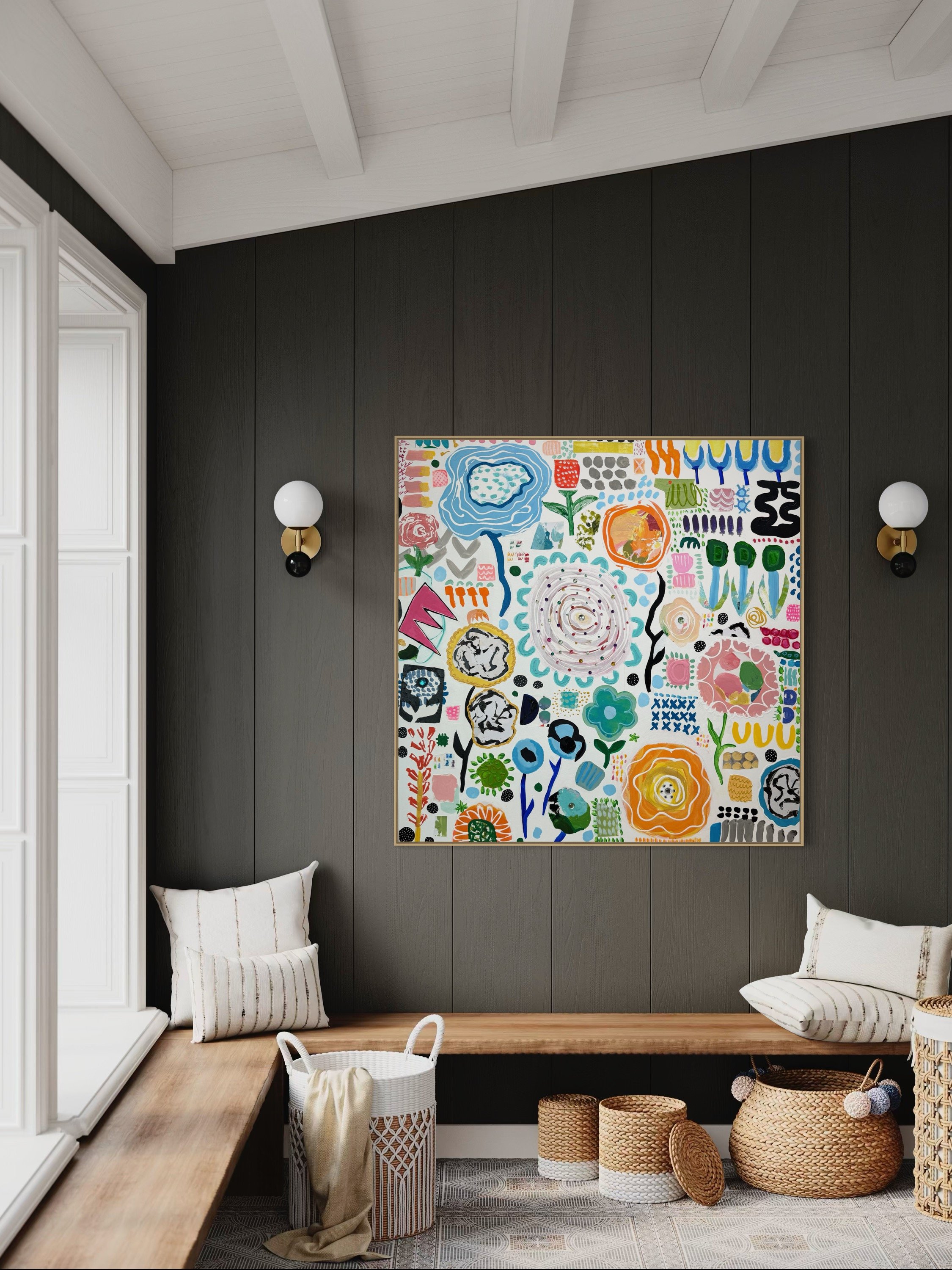 Abstract mixed-media painting titled “Instructions for a Beautiful Day” featuring colorful organic shapes, graphic symbols, and playful patterns arranged on a light background.