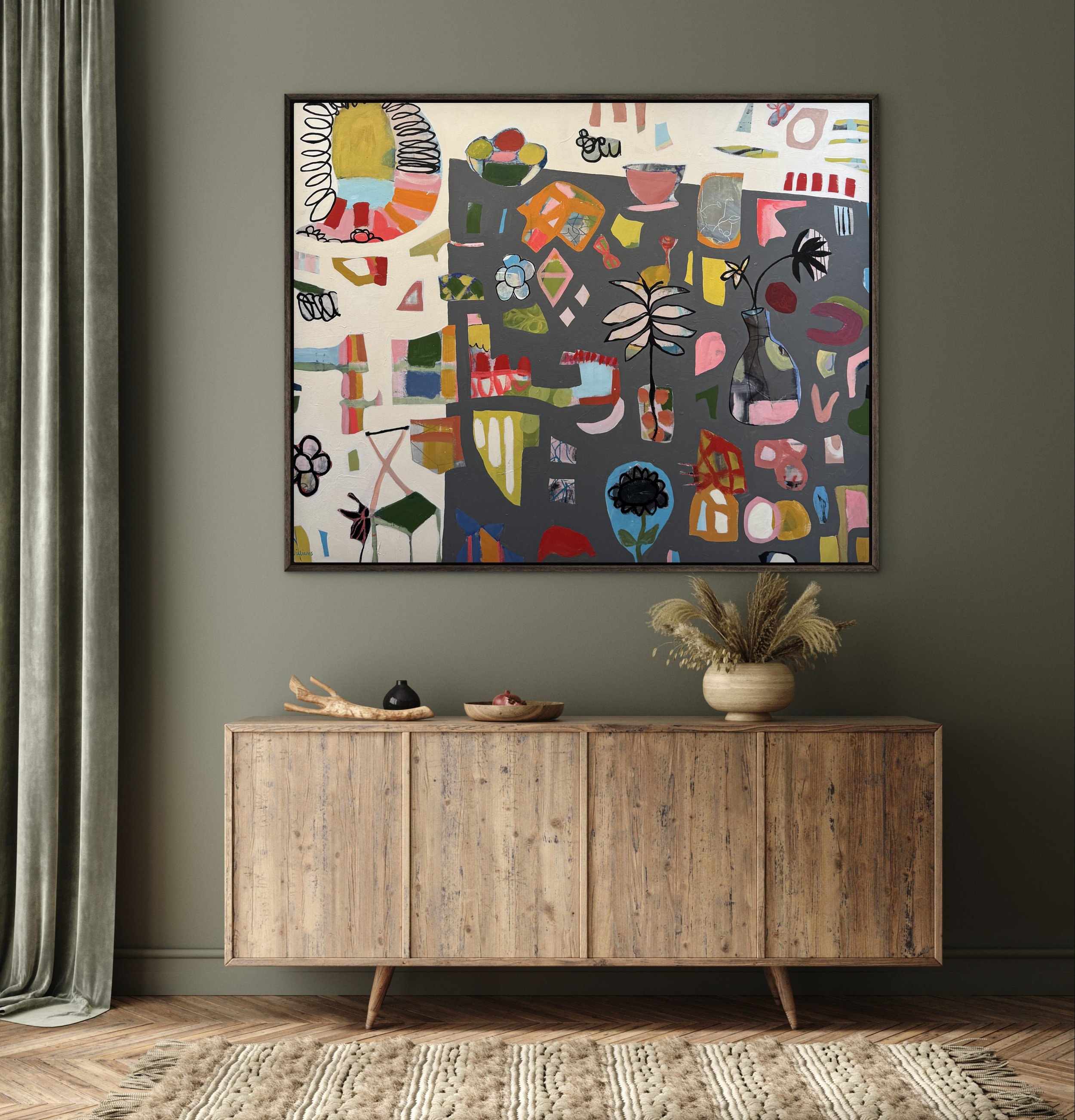 ILarge abstract mixed media painting on charcoal gray with colorful graphic shapes, playful linework, and simple floral motifs.