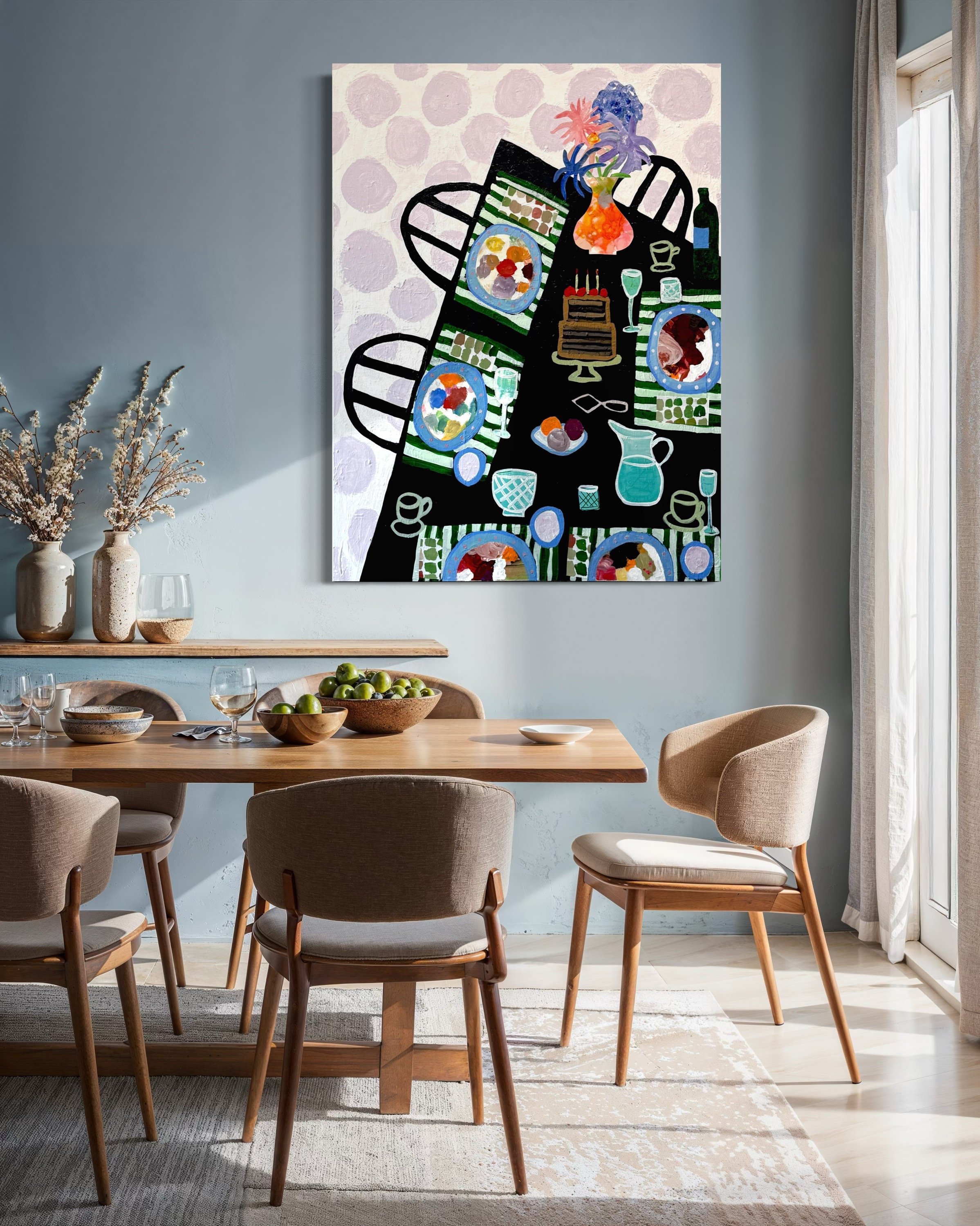 A Table With Opinions, original contemporary still life painting featuring a bold table setting with cake, glasses, chairs, and patterned surfaces.