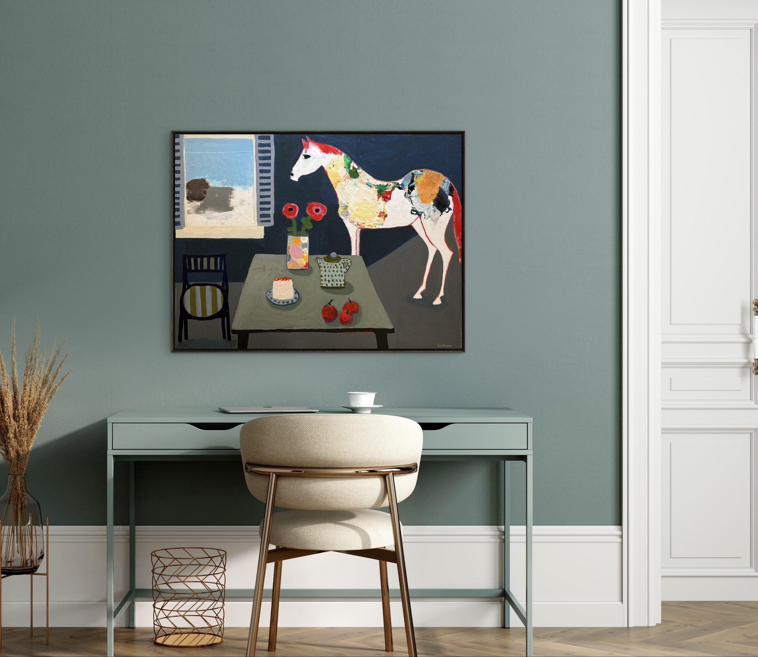 Not About the Cake, original contemporary still life painting featuring a table setting with cake, flowers, fruit, and a white horse positioned beside the table in an interior space.
