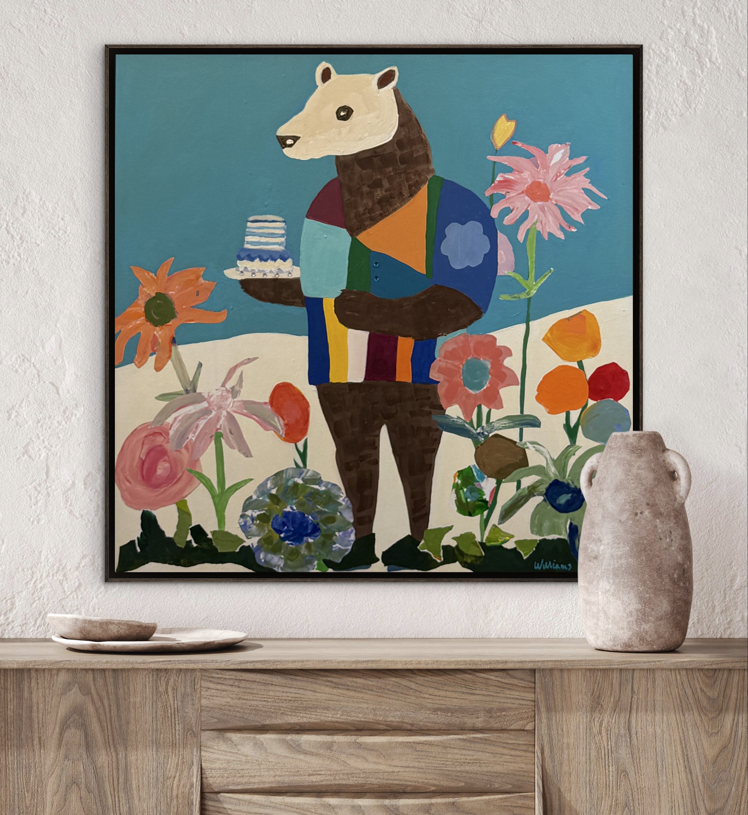 Bearer of Sweets, original contemporary painting featuring a bear holding a small cake with candles, surrounded by flowers and patterned color fields.