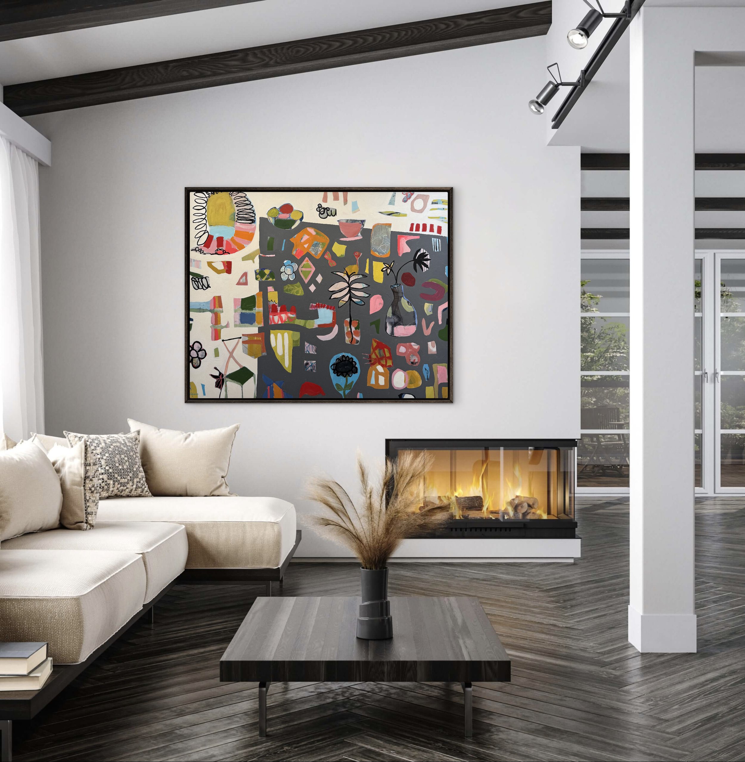 Large abstract mixed media painting on charcoal gray with colorful graphic shapes, playful linework, and simple floral motifs.