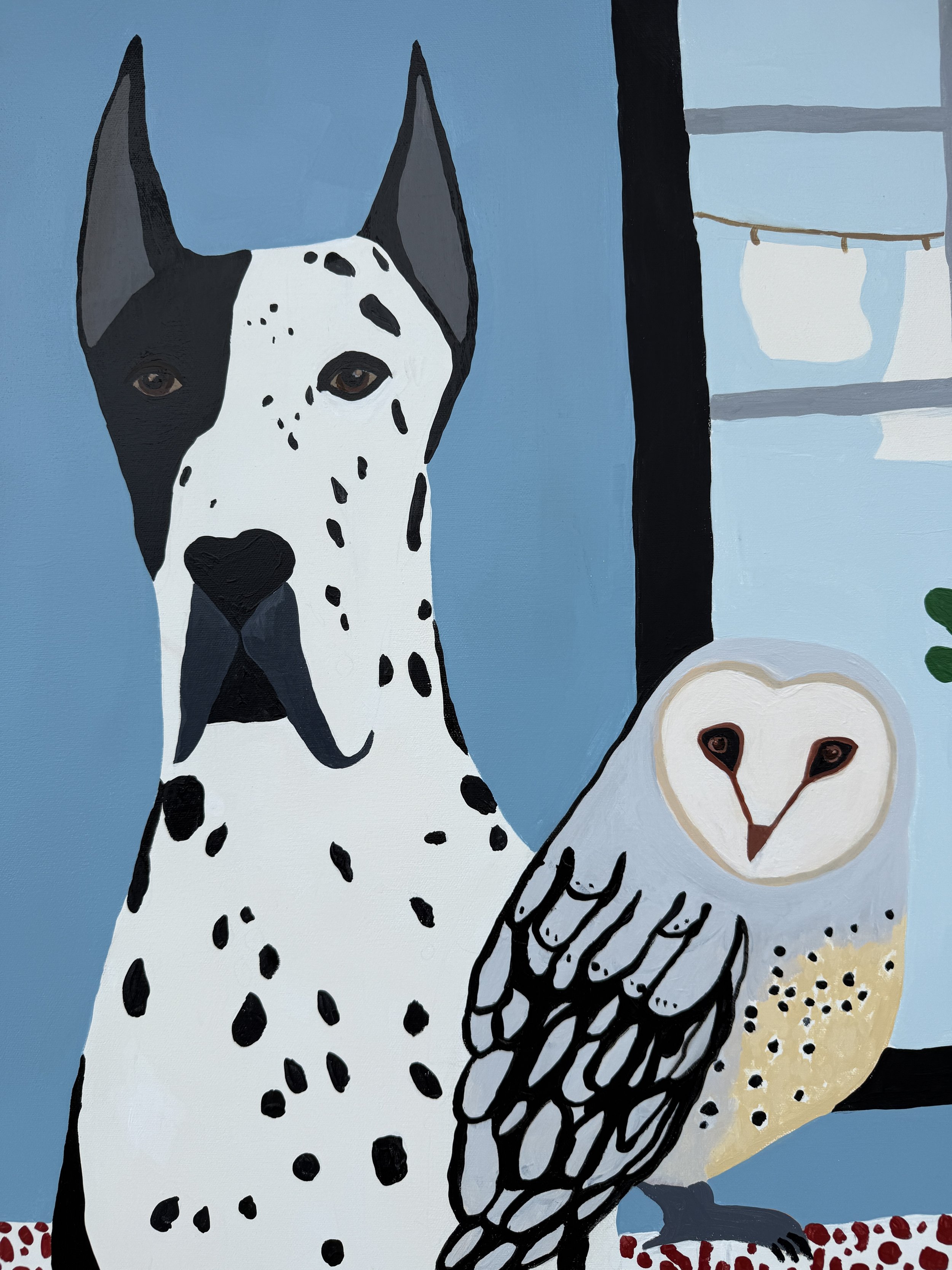 Detail of the spotted Great Dane and owl in The Thing About Tuesdays.