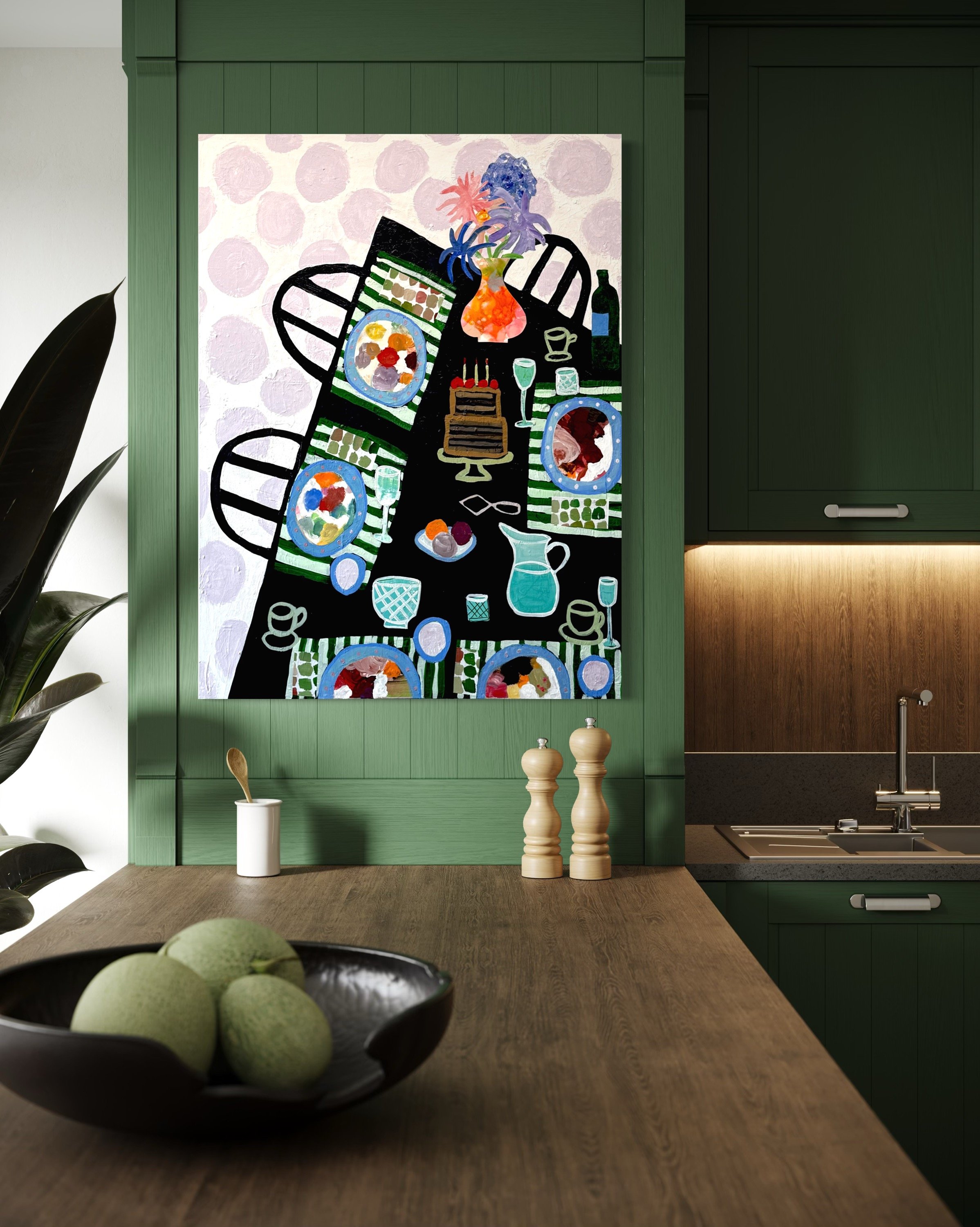 A Table With Opinions, original contemporary still life painting featuring a bold table setting with cake, glasses, chairs, and patterned surfaces.