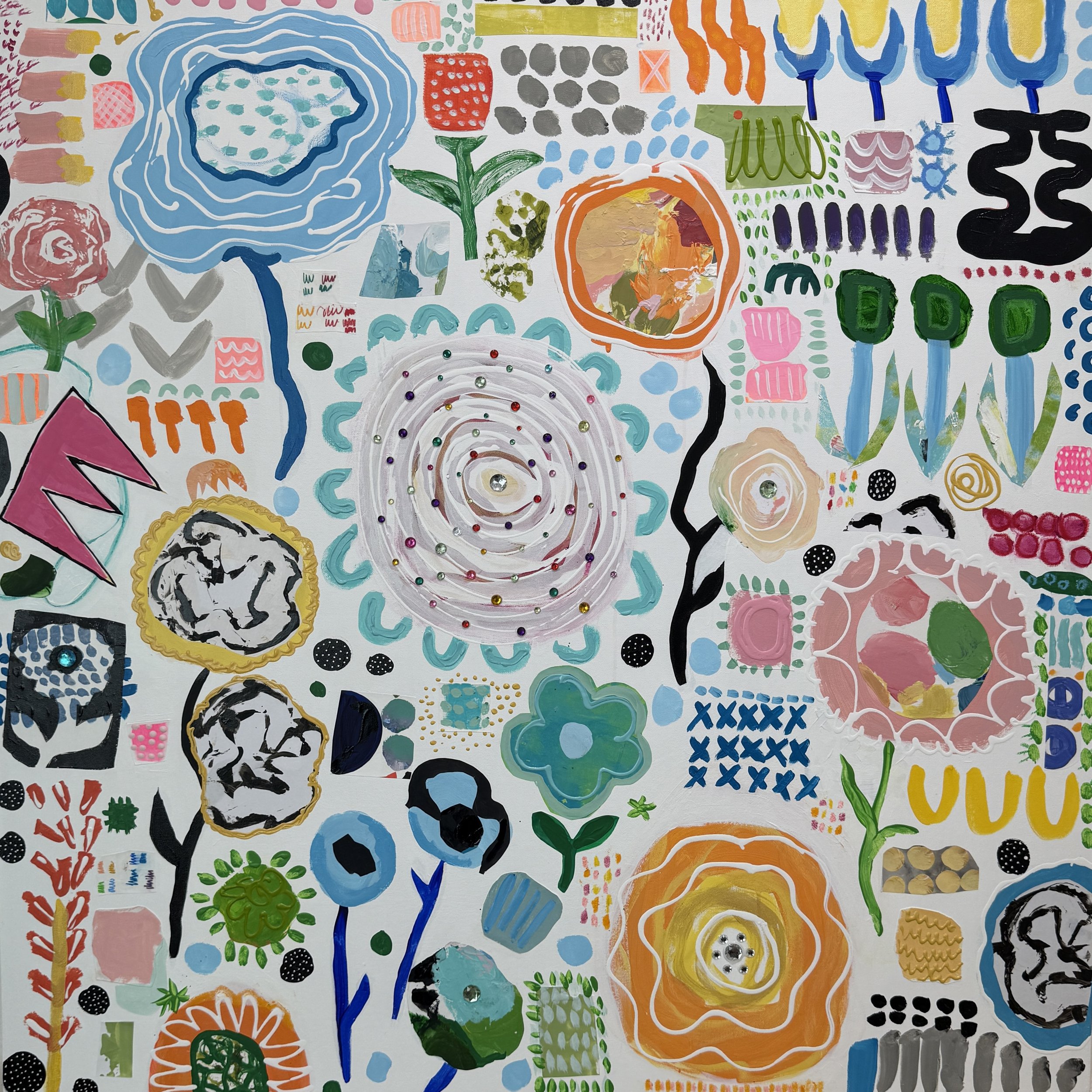 Abstract mixed-media painting titled “Instructions for a Beautiful Day” featuring colorful organic shapes, graphic symbols, floral forms, and playful patterns on a light background.