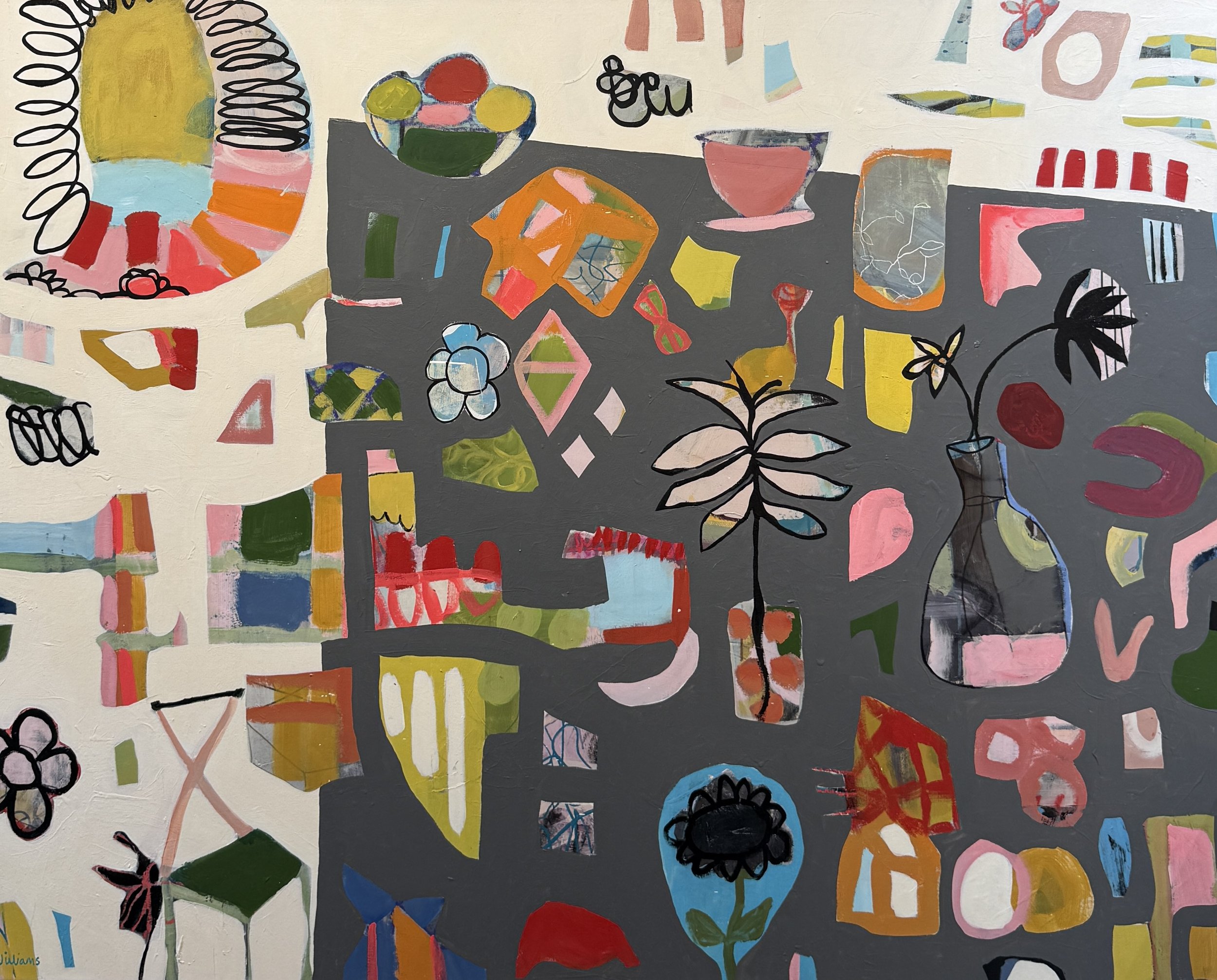 Large abstract mixed media painting on charcoal gray with colorful graphic shapes, playful linework, and simple floral motifs.