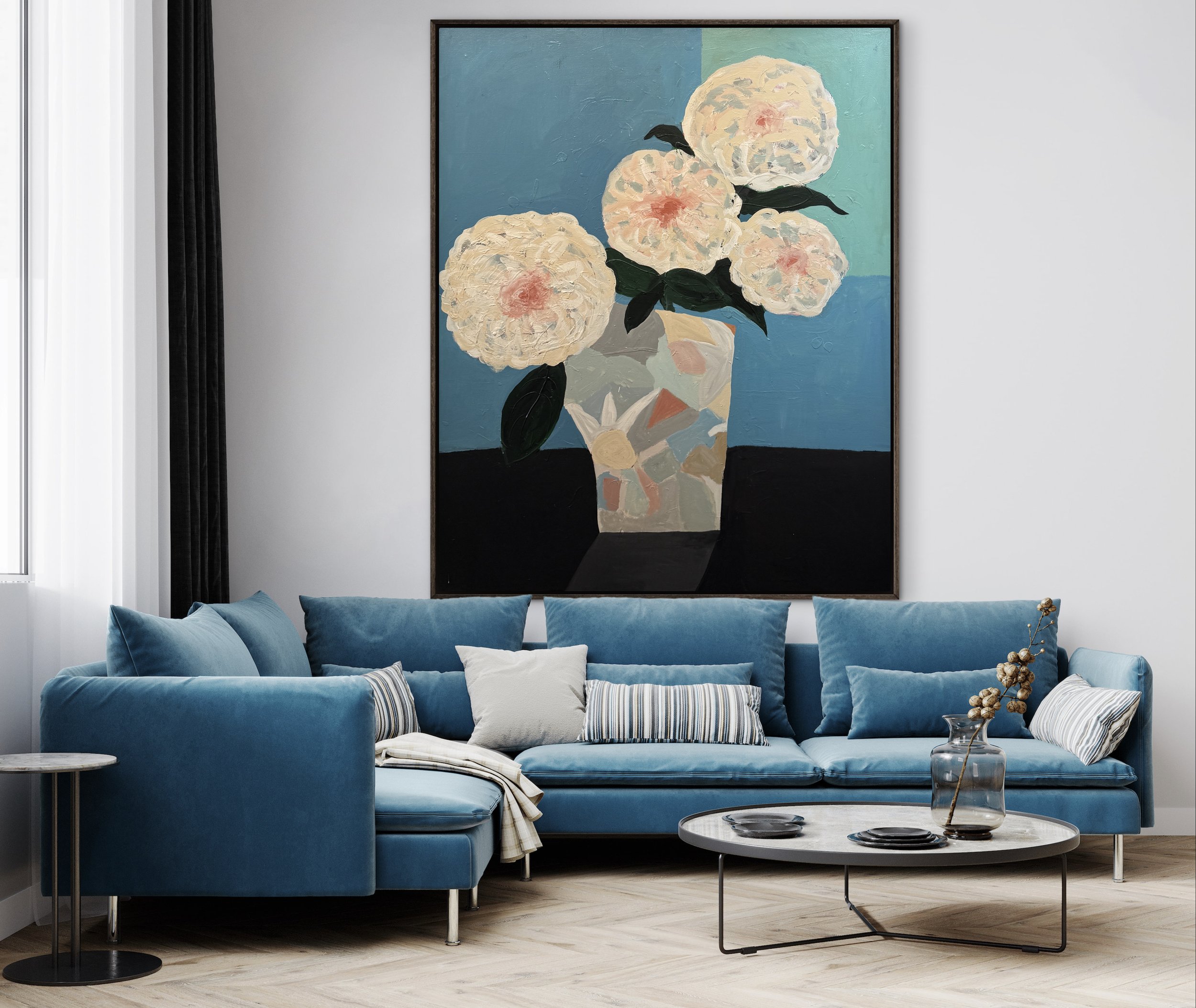 Milkglass Bloom, 60 x 48 inch original contemporary still life painting of white flowers arranged in a milkglass vase on a dark table against a soft blue background.