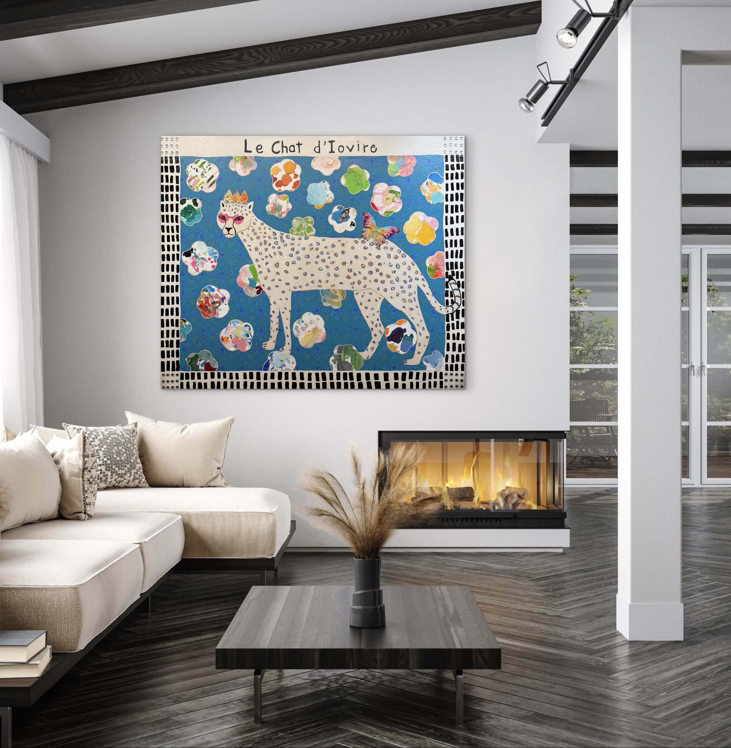 In-room mockup of Le Chat d’Ivoire, a 60x72 mixed media painting of a crowned white spotted cat on a blue patterned background with colorful shapes and a butterfly.