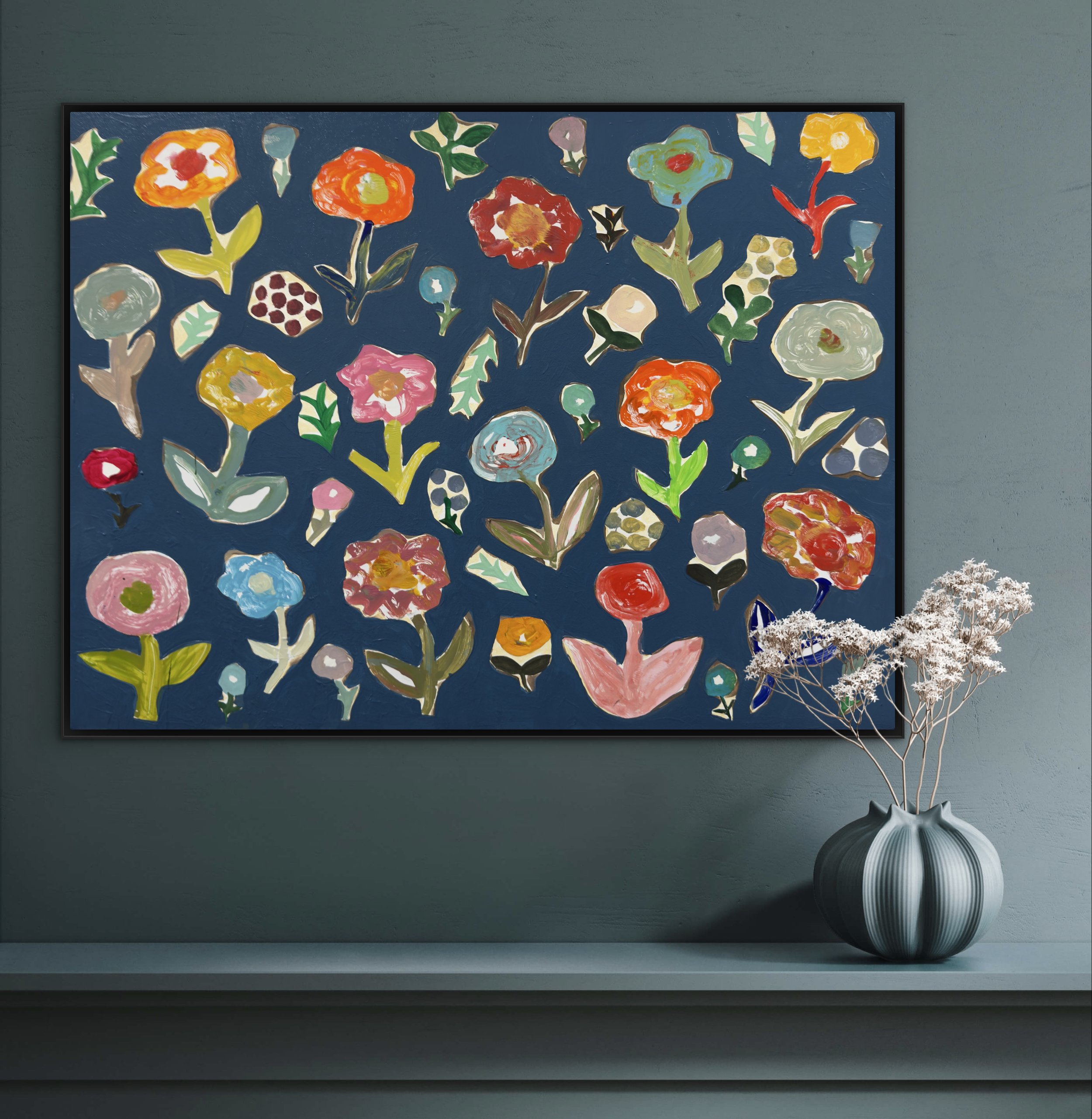 Before the Arrangement, original contemporary painting featuring scattered flowers and botanical forms across a blue surface, suggesting a floral worktable before flowers are arranged.