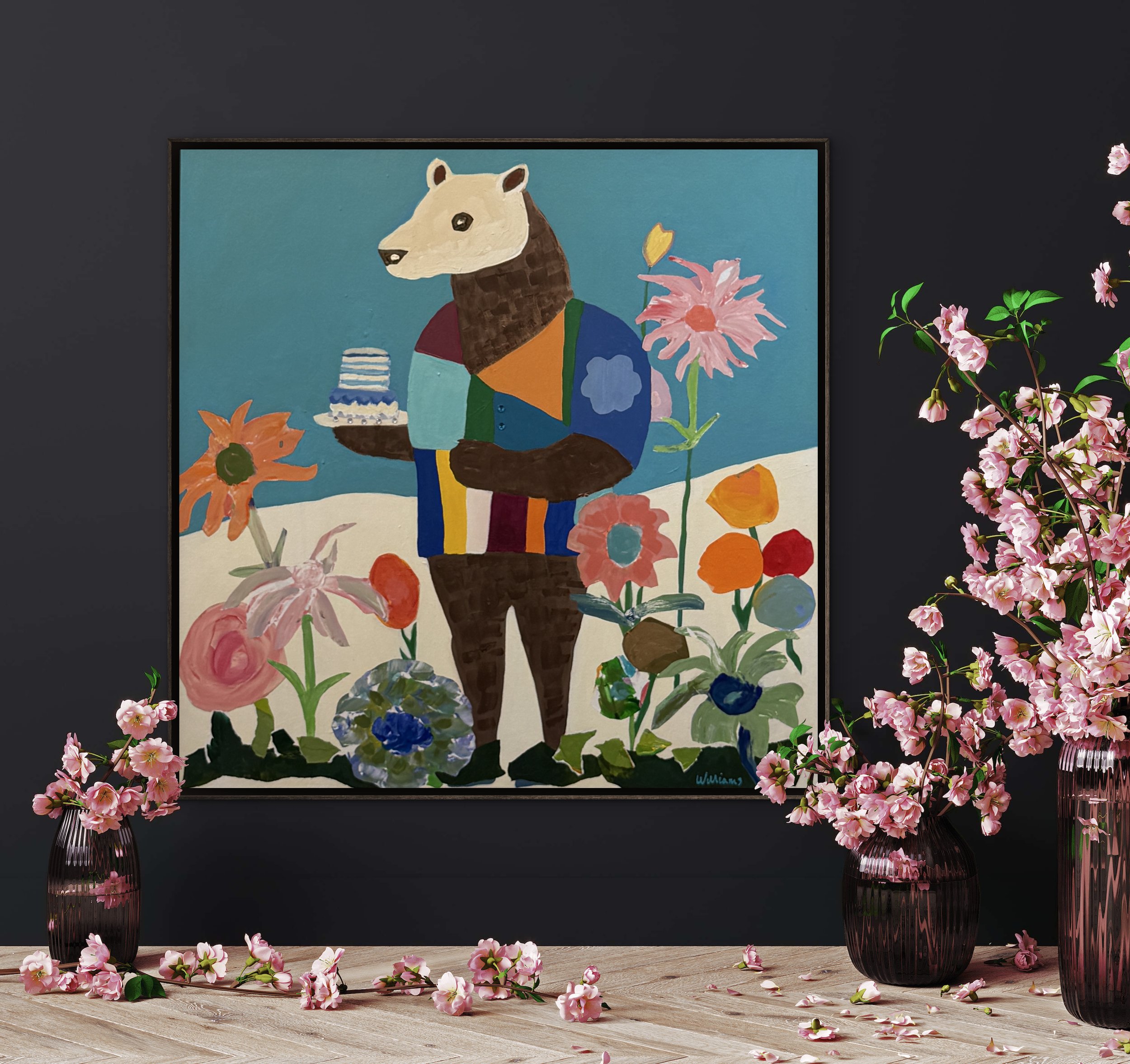 Bearer of Sweets, original contemporary painting featuring a bear holding a small cake with candles, surrounded by flowers and patterned color fields.