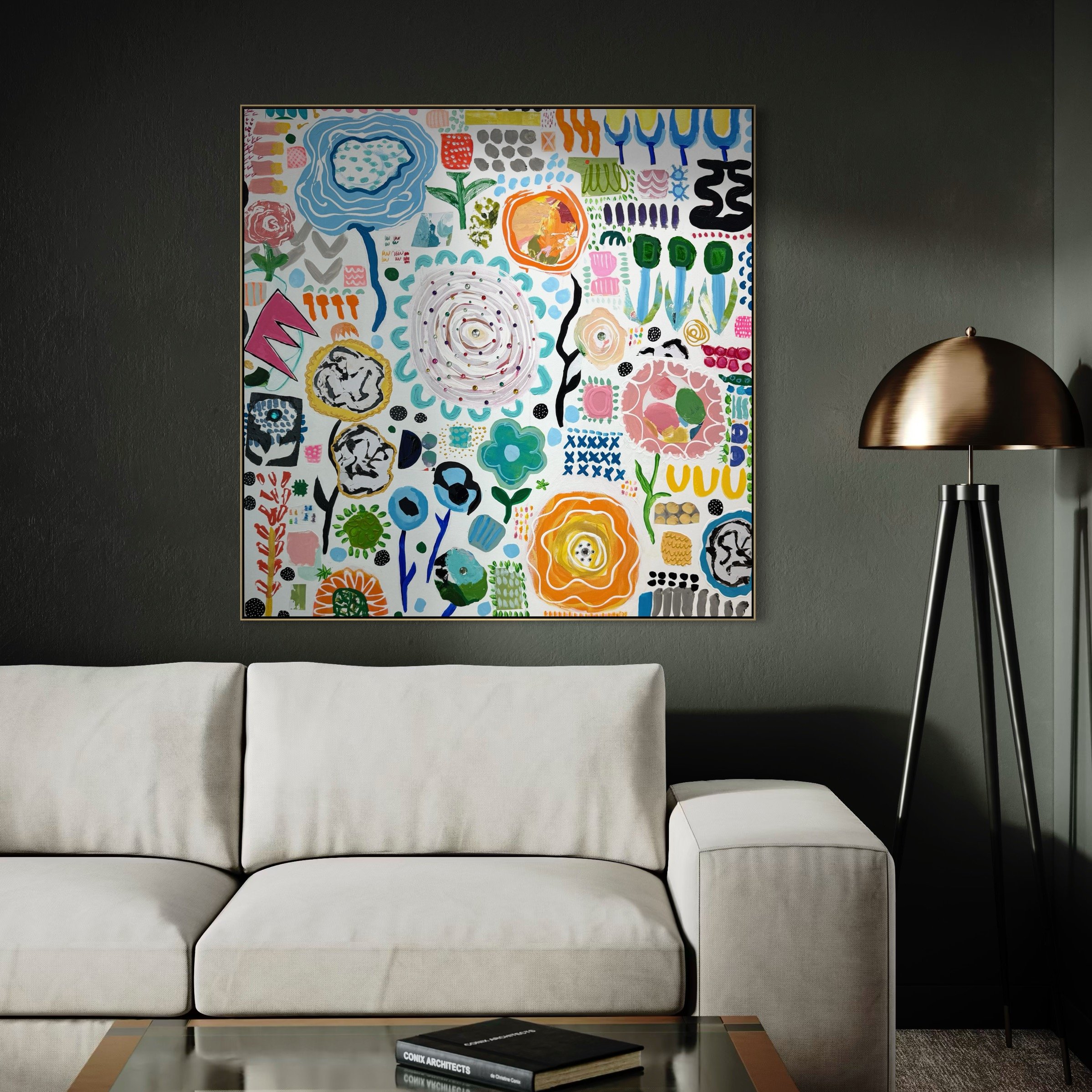 “Instructions for a Beautiful Day,” an abstract painting composed of vibrant colors, repeating shapes, and hand-painted symbols.