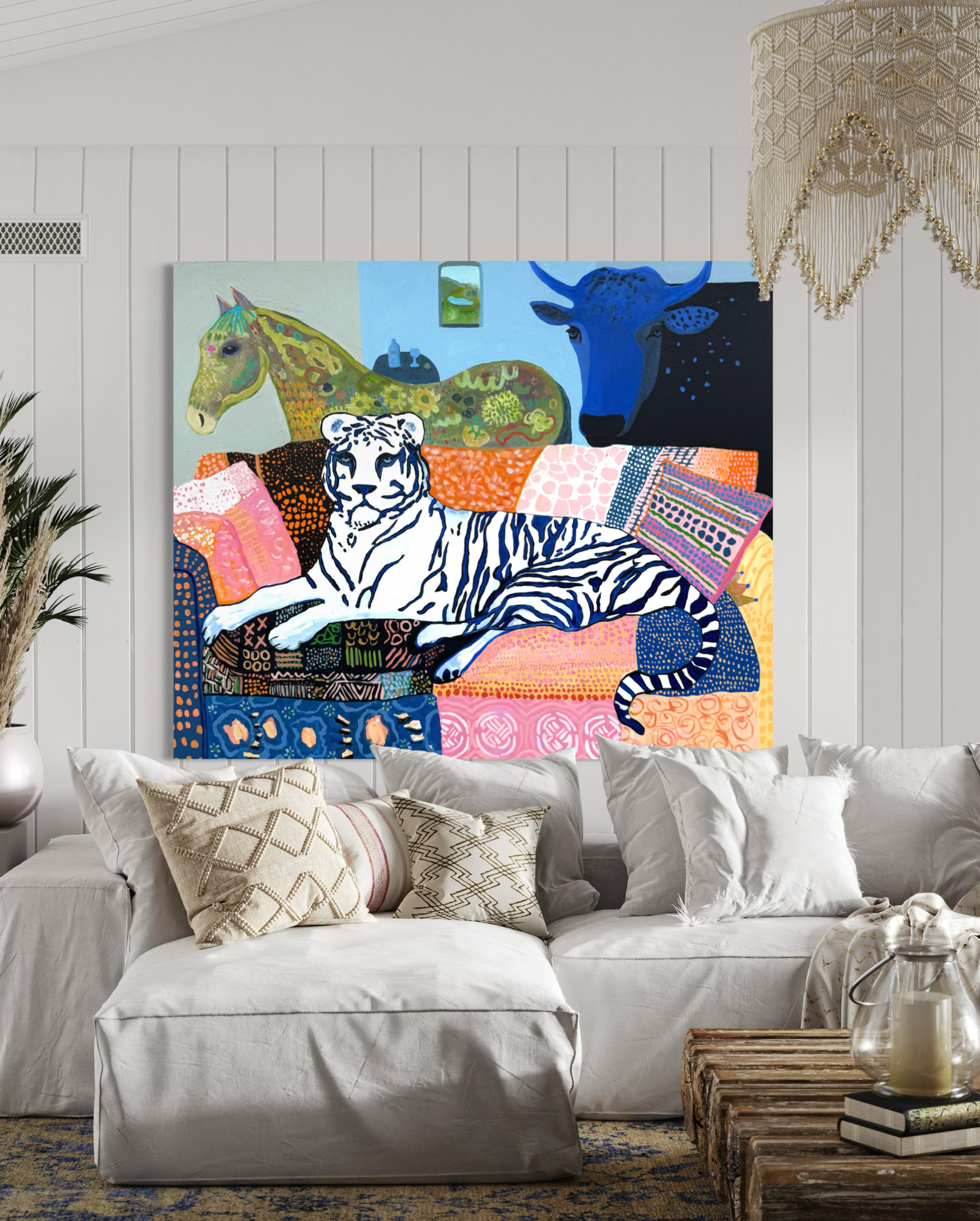 The Sofa Situation displayed above a white sectional sofa in a bright neutral living room.