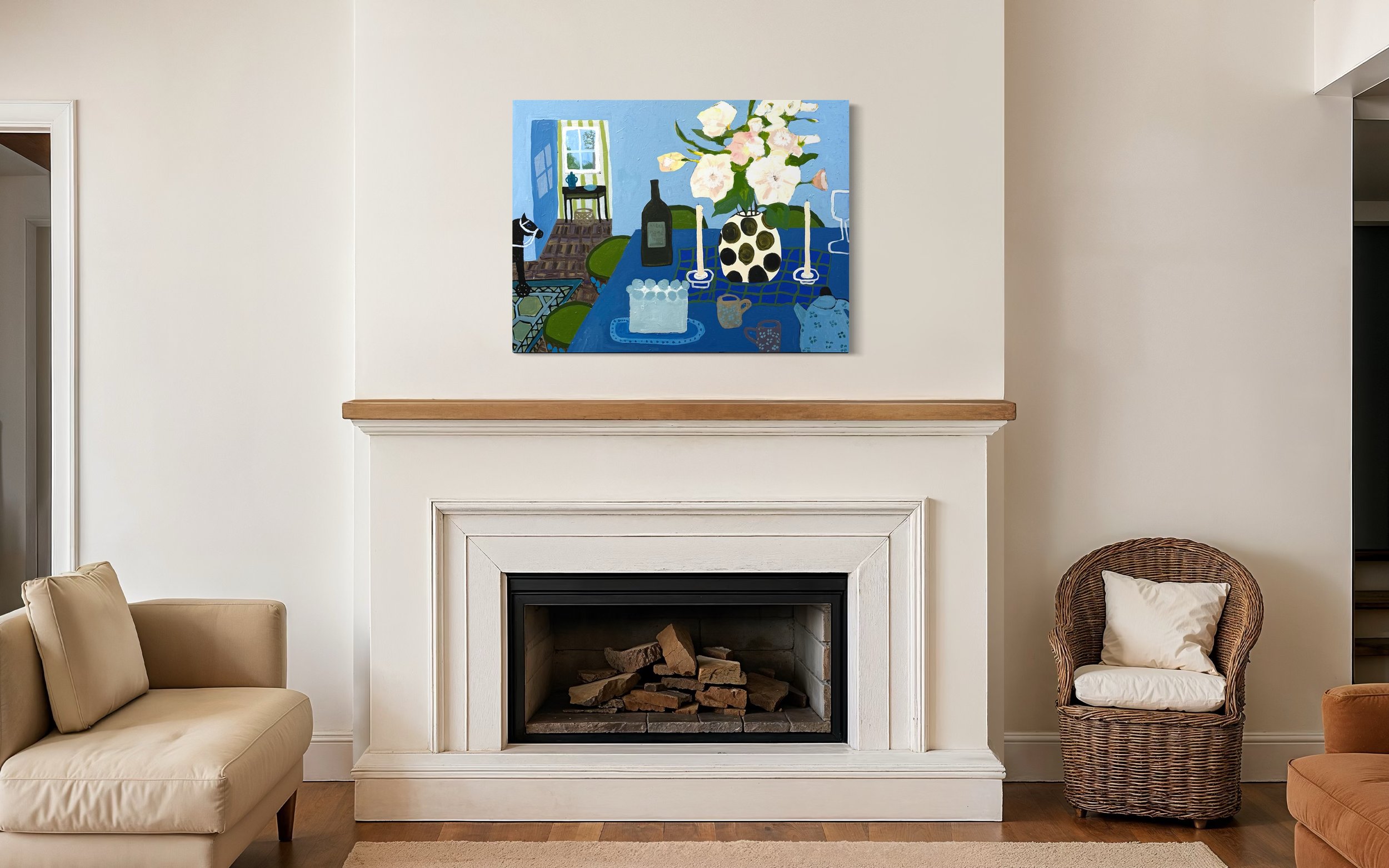 Before the Cake, original contemporary still life painting featuring a blue table setting with candles, flowers, a wine bottle, and an open doorway.