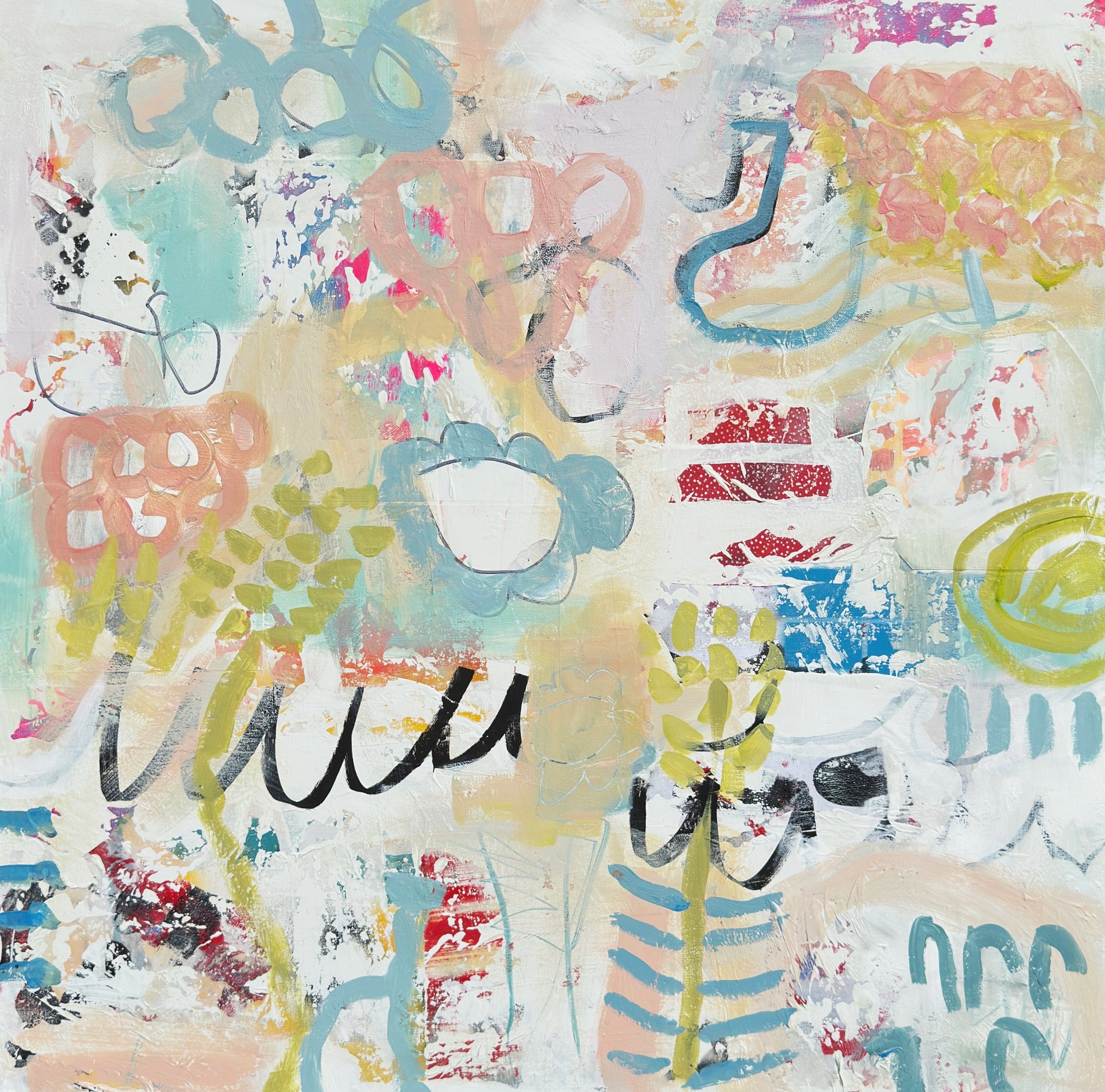 Abstract mixed-media painting in soft blue, coral, green, yellow, red, black, and white, with layered painterly marks, patterns, and gestural lines.