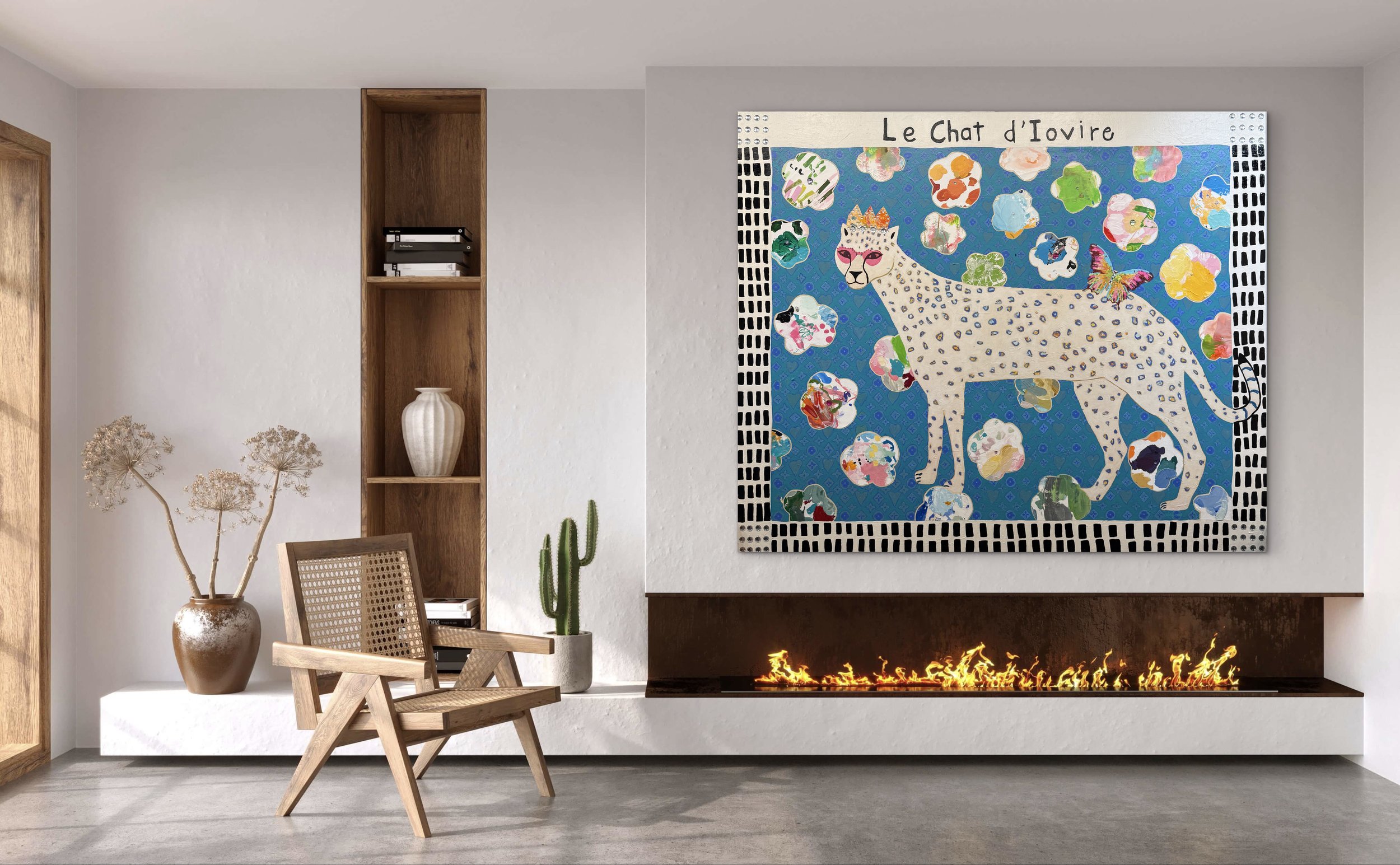 In-room mockup of Le Chat d’Ivoire, a 60x72 mixed media painting of a crowned white spotted cat on a blue patterned background with colorful shapes and a butterfly.