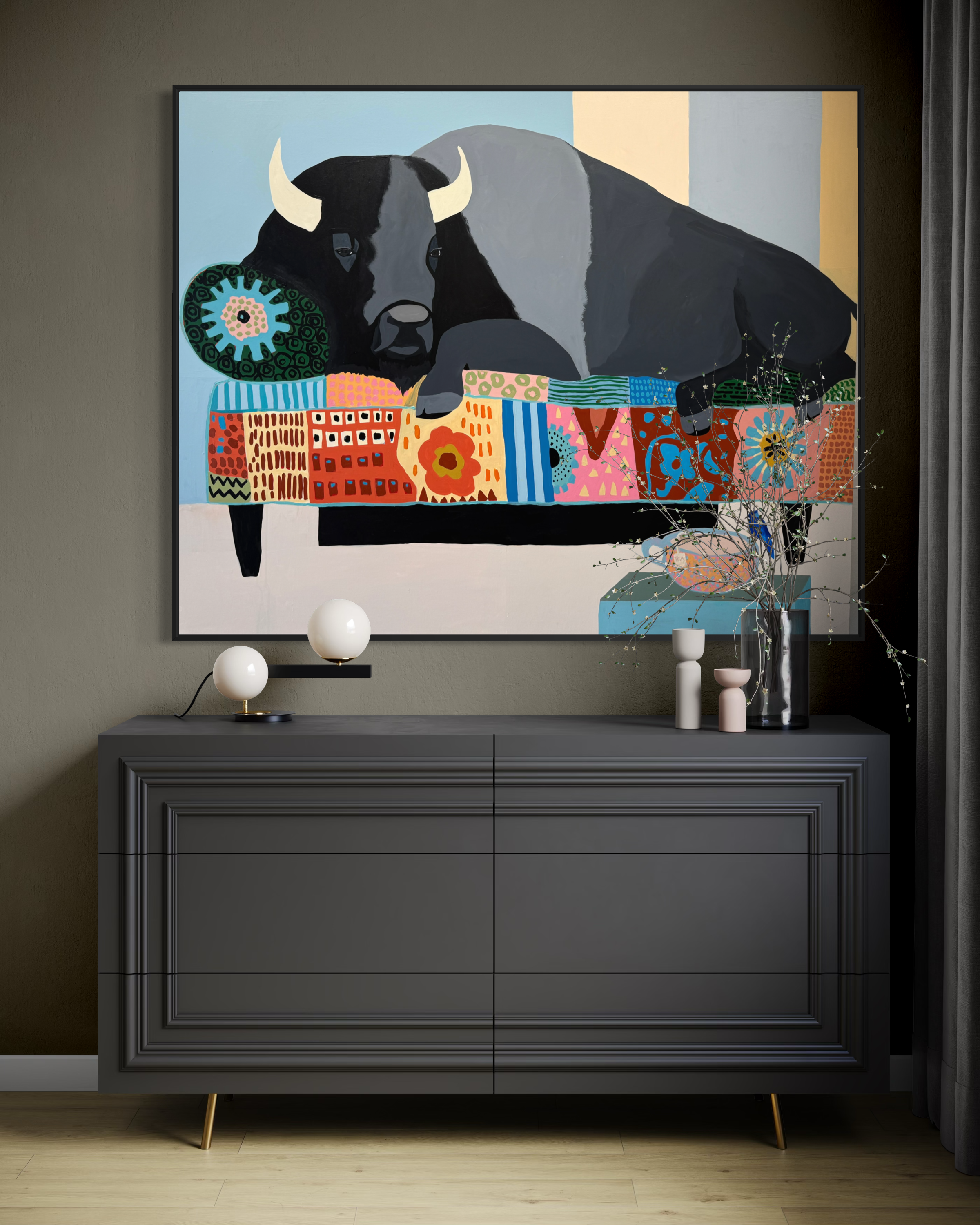 The Matter of Cold Tea displayed above a dark console table in a contemporary interior.