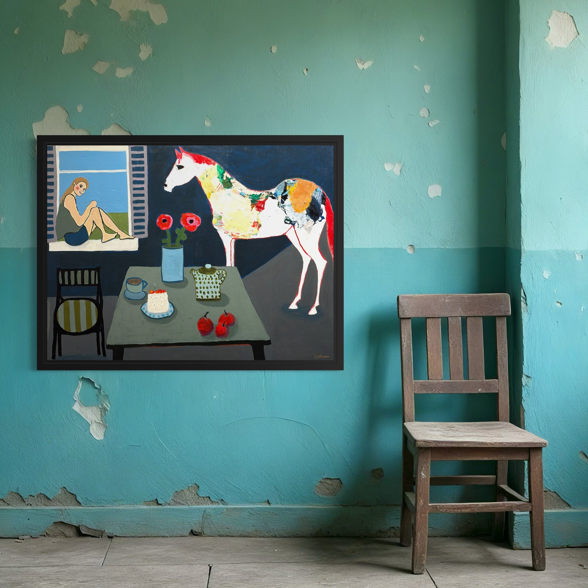 Not About the Cake, original contemporary still life painting featuring a table setting with cake, flowers, fruit, and a white horse positioned beside the table in an interior space.