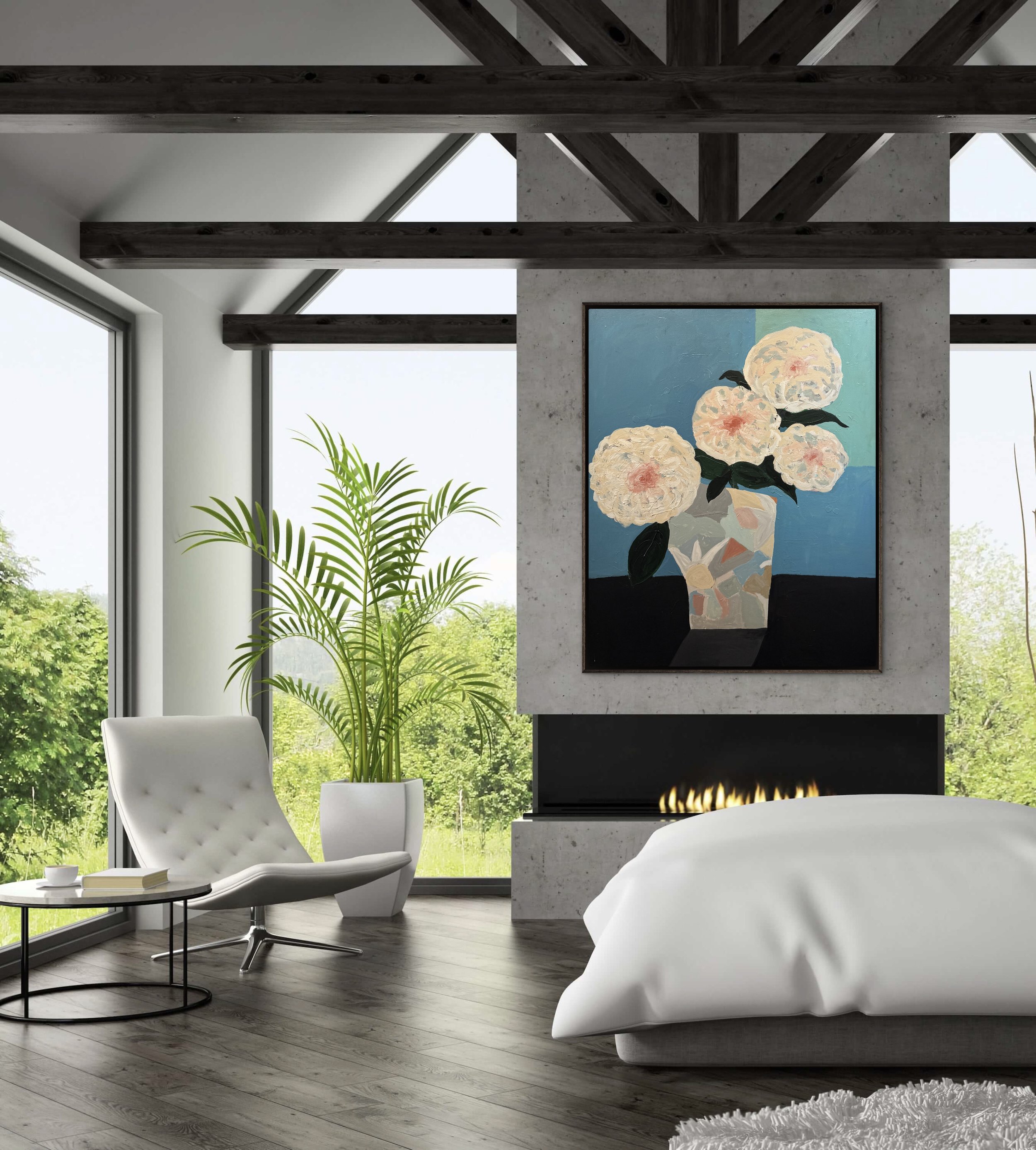 Milkglass Bloom, 60 x 48 inch original contemporary still life painting of white flowers arranged in a milkglass vase on a dark table against a soft blue background.