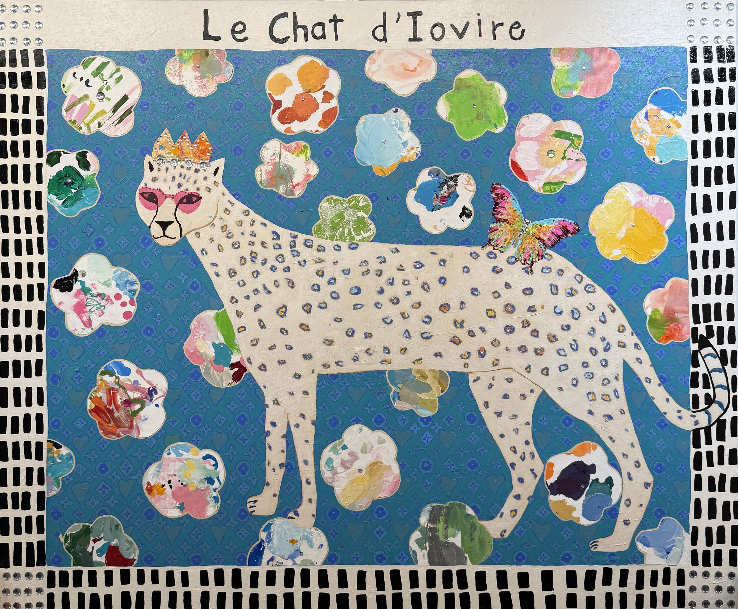 Le Chat d’Ivoire, 60x72 mixed media painting of a crowned white spotted cat on a blue patterned background with colorful shapes and a butterfly.