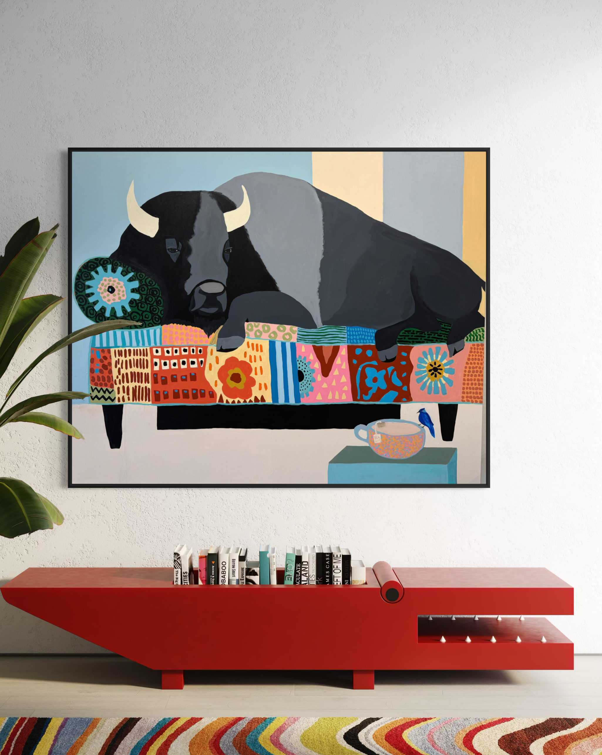 The Matter of Cold Tea displayed above a red console table in a contemporary interior.