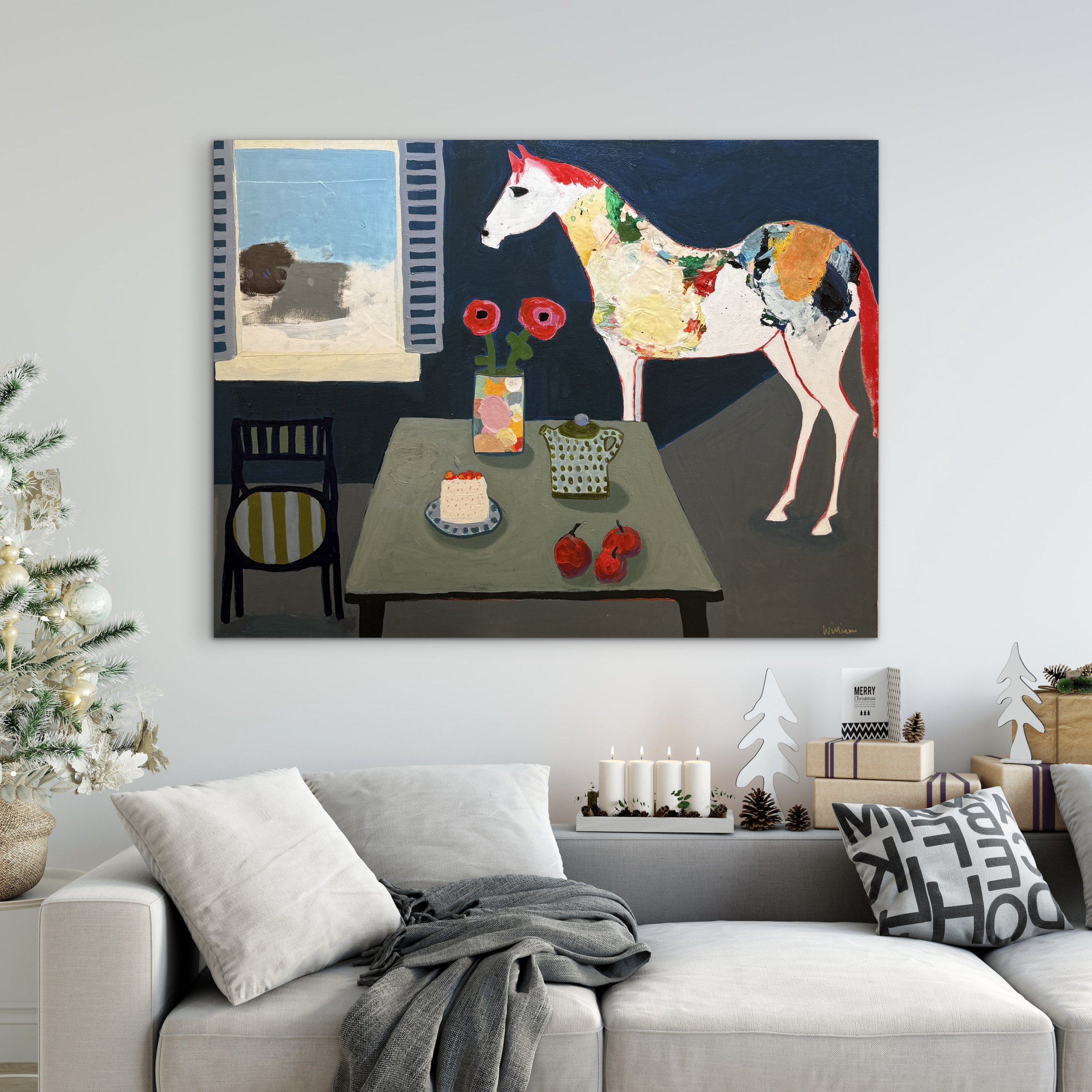 Not About the Cake, original contemporary still life painting featuring a table setting with cake, flowers, fruit, and a white horse positioned beside the table in an interior space.