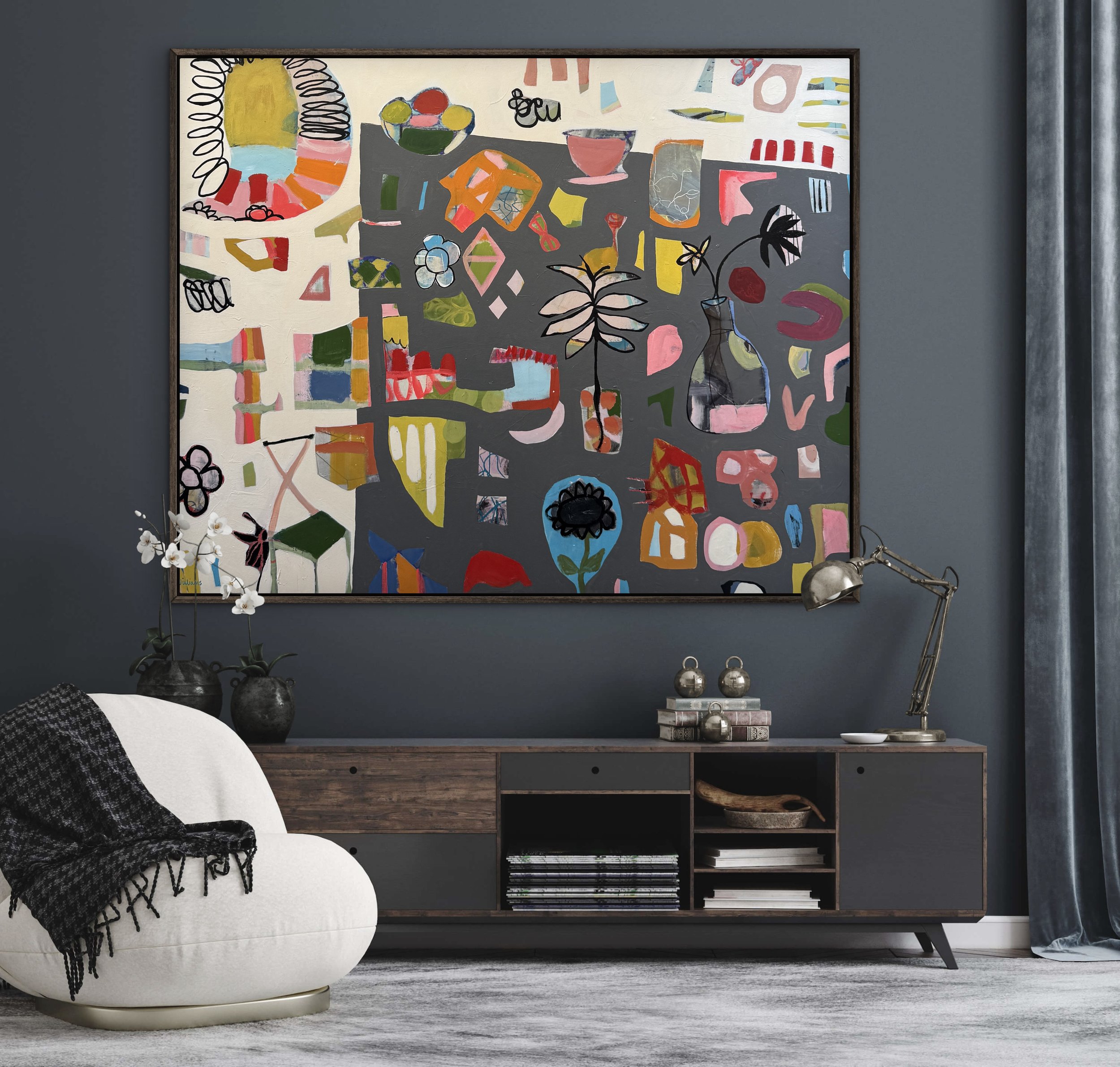 Large abstract mixed media painting on charcoal gray with colorful graphic shapes, playful linework, and simple floral motifs.