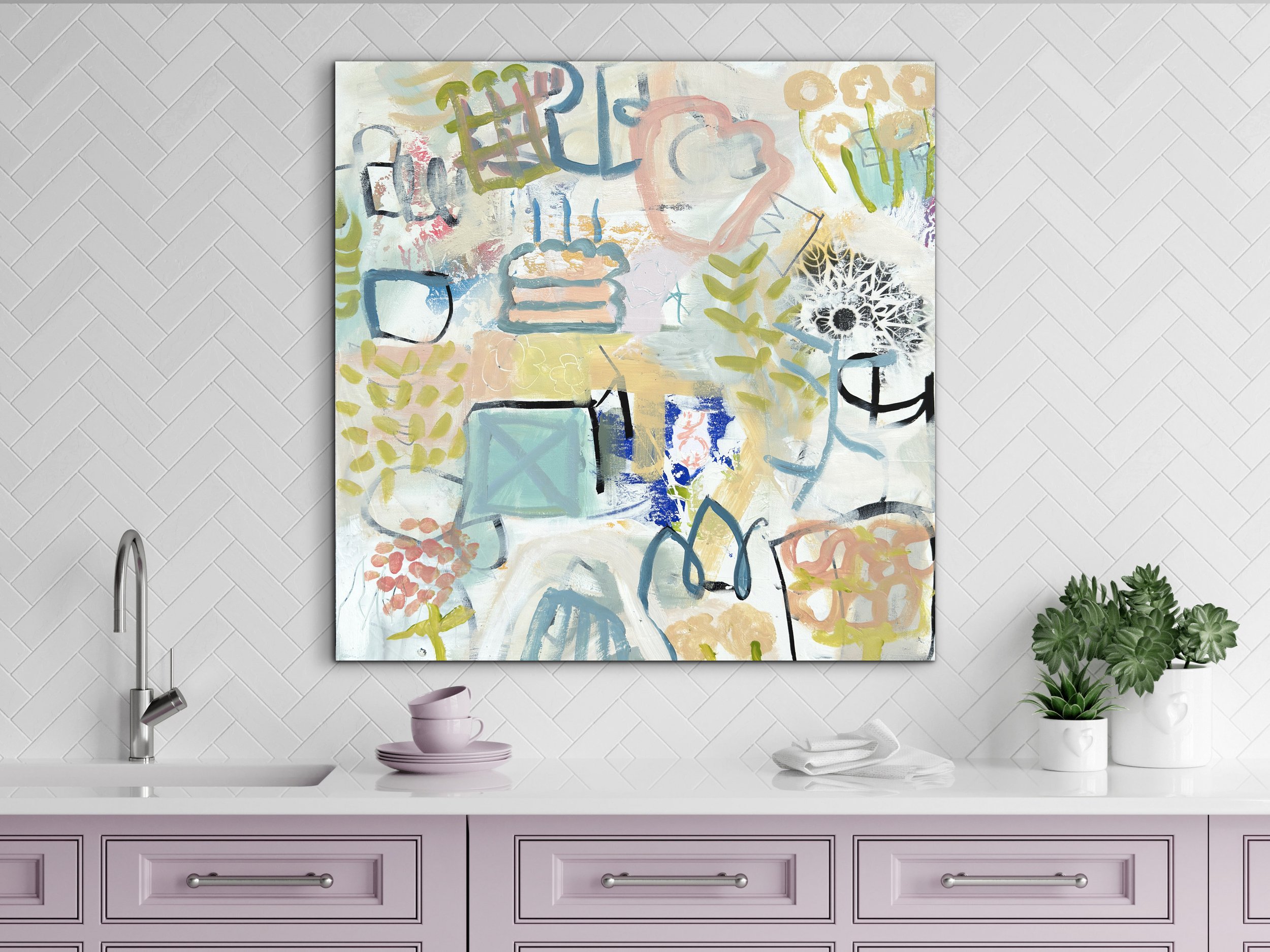 Just the Candles by Elizabeth Williams displayed in a light kitchen above mauve cabinetry.