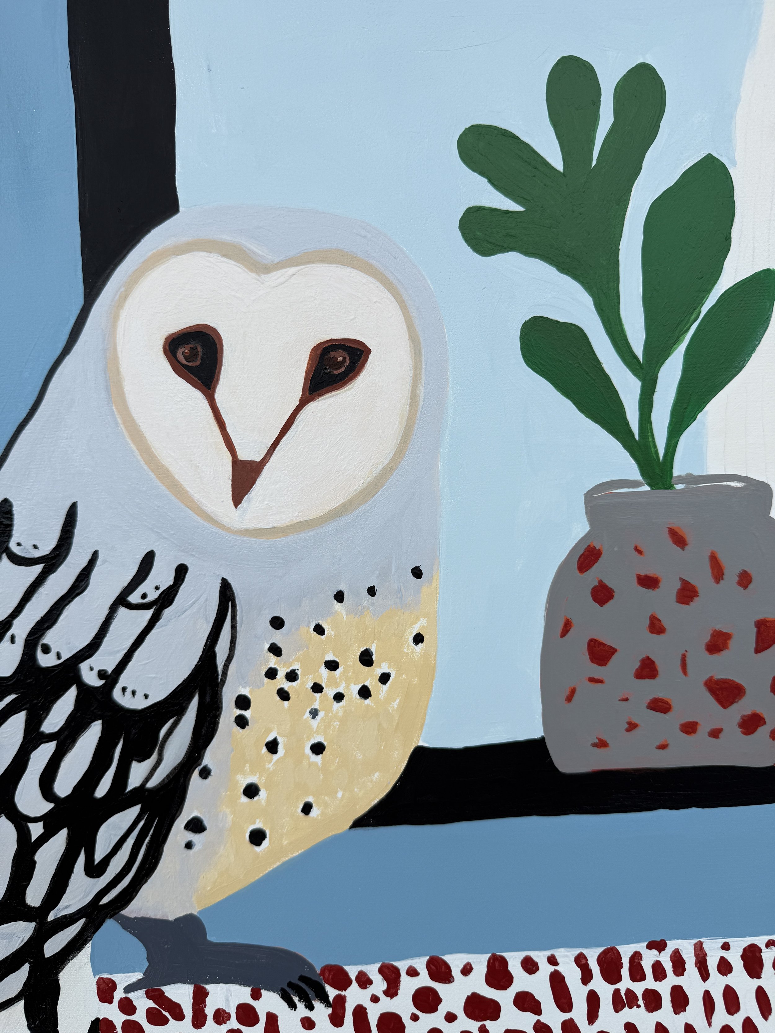 Detail of the owl and potted plant in The Thing About Tuesdays.