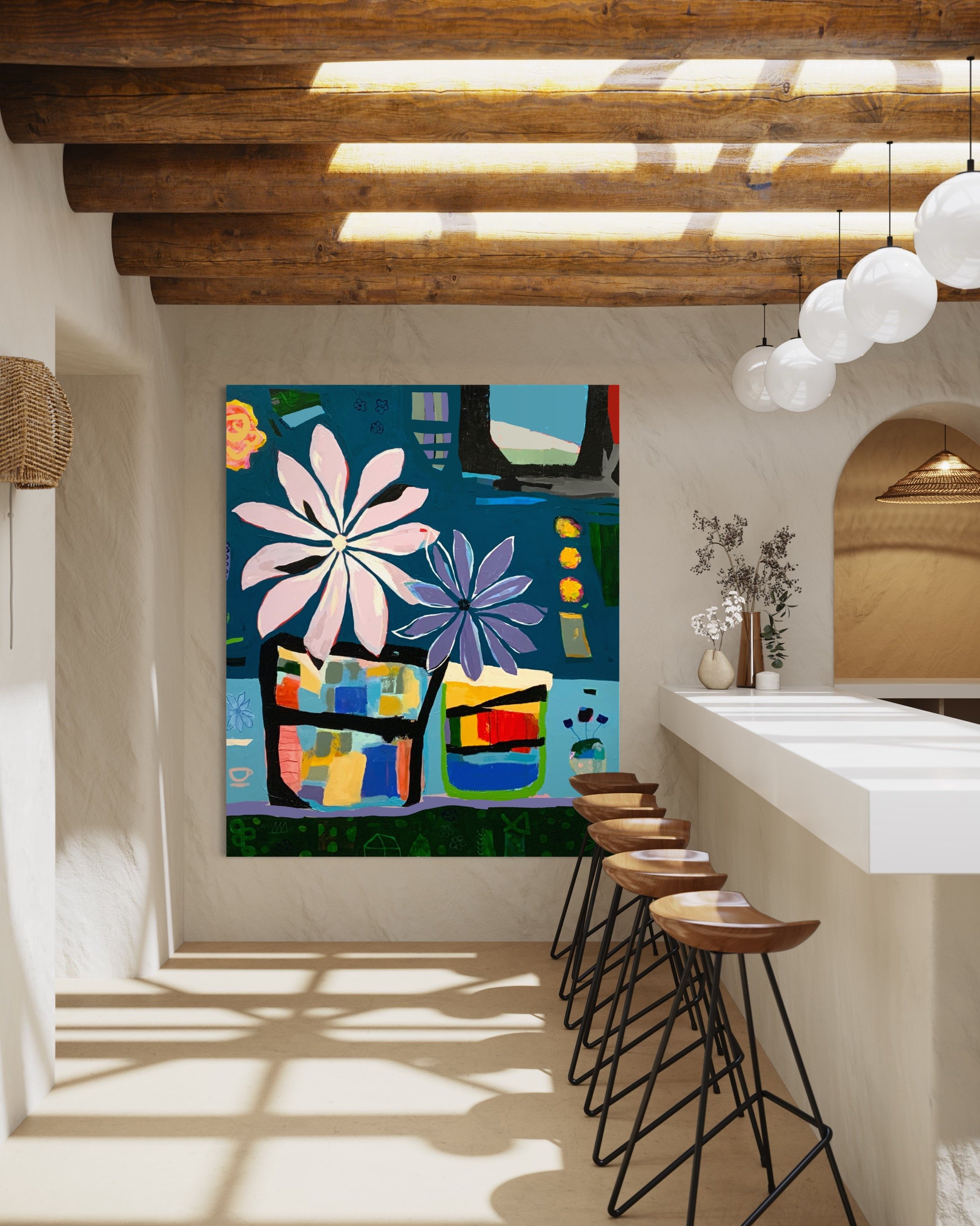 Interior of a modern cafe or dining area with a row of wooden bar stools with black metal legs, white walls, a white counter top, decorative vases with flowers, a colorful abstract painting on the wall, and curly shadows cast on the floor from sunlig