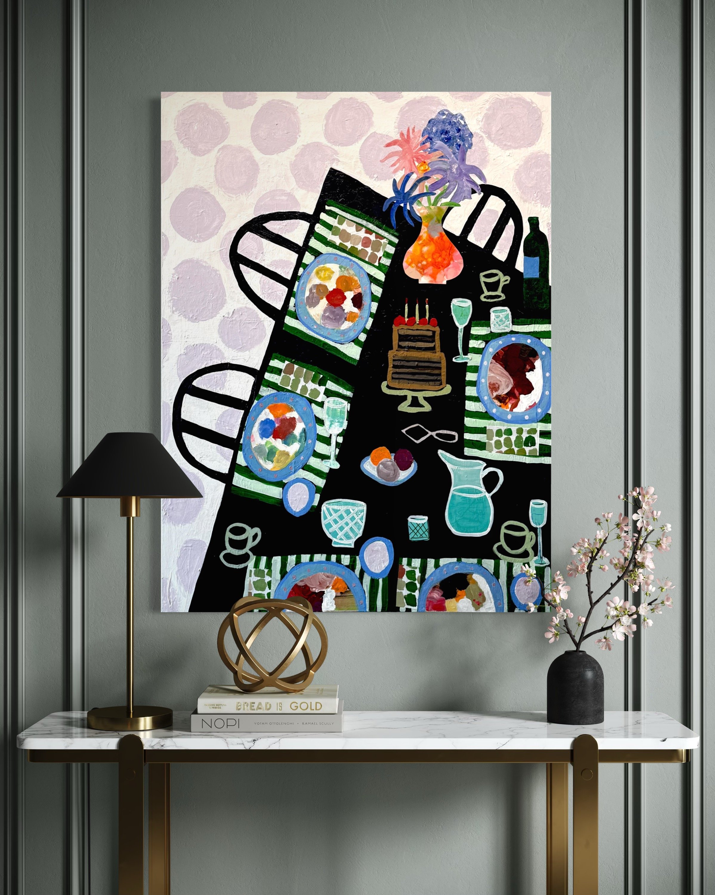 A Table With Opinions, original contemporary still life painting featuring a bold table setting with cake, glasses, chairs, and patterned surfaces.