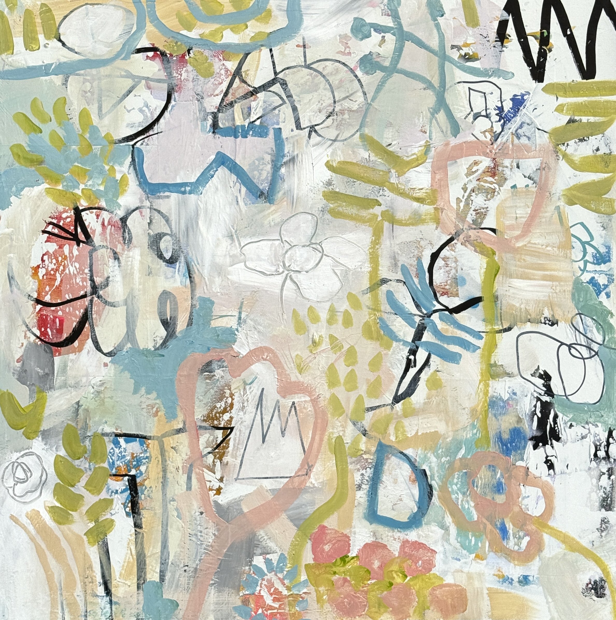 Abstract mixed-media painting with layered pale blue, yellow, coral, black, and white marks, patterns, and energetic gestural shapes.
